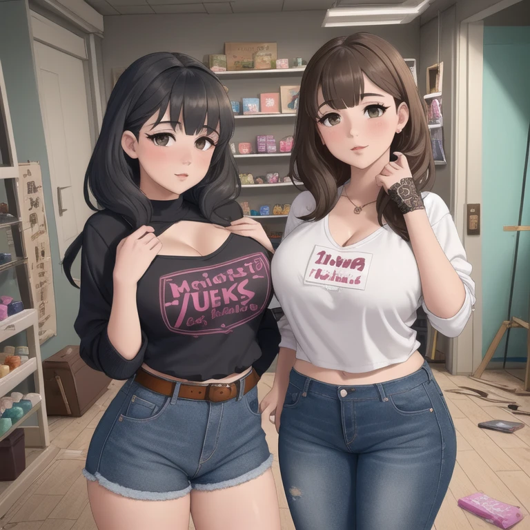 Two cute petite curvy chubby emo sisters, one with short hair and one with long hair, hair covering half face, one wearing glasses, beautiful detailed brown eyes, cutely detailed lips, extremely cute detailed eyes and face, busty, voluptuous breasts, deep cleavage, wide curvy pearshaped hips, thick thighs, v neck sweatshirt tucked in belted jeans, full body, different personalities, masterpiece, photorealistic, 8k, vivid colors, studio lighting, professional, inside an empty abandoned pet store. 