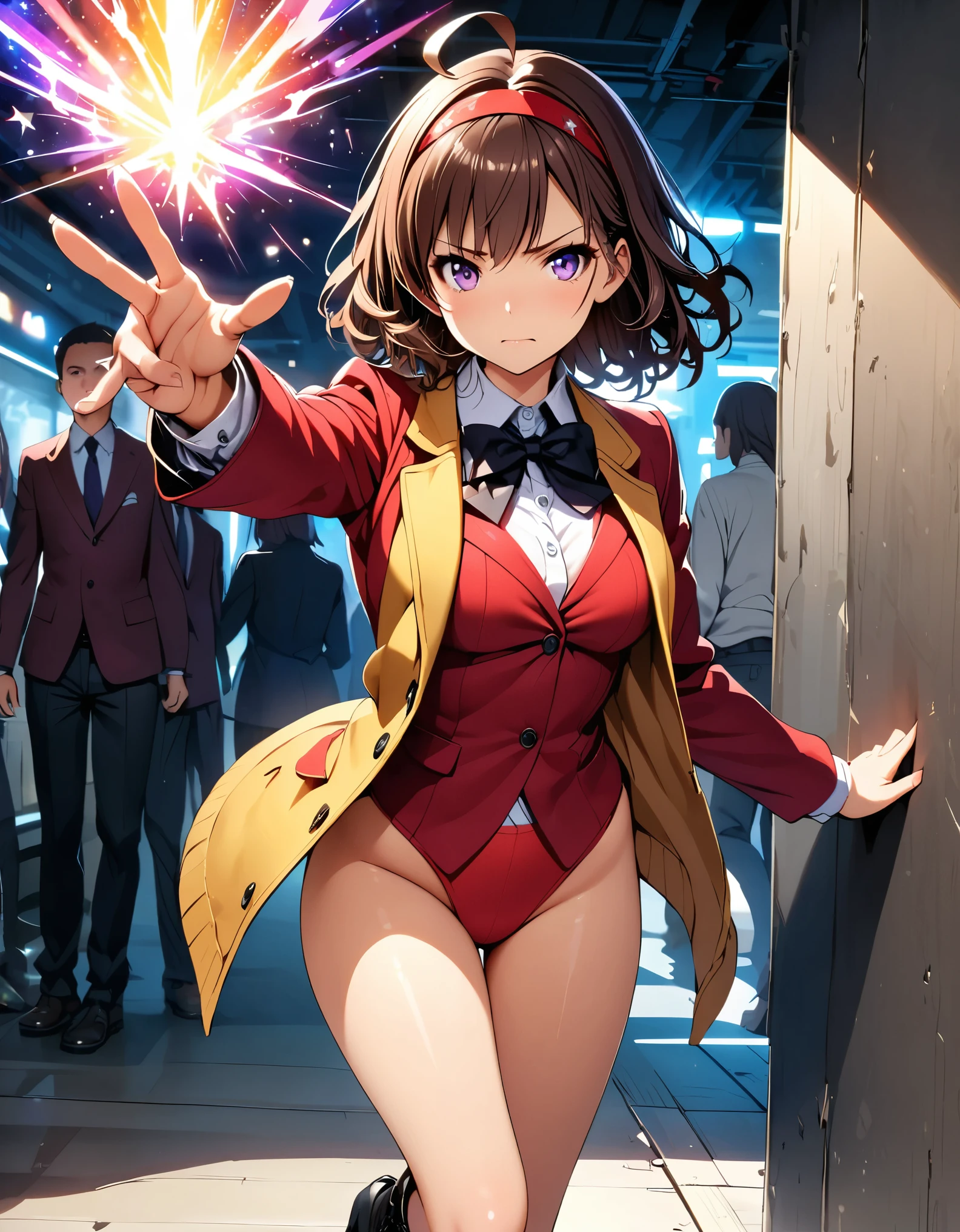 masterpiece, best quality, high res, 8k, highly detailed, professional, 1girl, solo, solo focus, brown eyes, early twenties, (medium hair, dark brown hair, wavy hair, red hairband), ahoge, (white collared shirt with black stars:1.2, (yellow vest:1.2), red suit jacket, black bowtie, opened jacket, stars on jacket), (red leotard, bare legs, black thigh-high boots, high-heel boots), purple stellar energy around, cosmic power, cosmic shining power. (purple eyes), beautiful detailed eyes, beautiful detailed face, cute face, serious expression, perfect hands, complete fingers, perfect anatomy, perfect proportions. (casting a spell:1.1). (full body costume design:1.2), cowboy shot. Fix hands. JK.