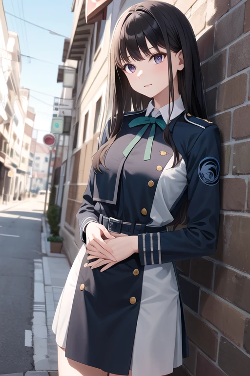 masterpiece, Best Quality, High resolution, , Long Hair, Black Hair, chest, Neck ribbon, collared shirt, Uniform sake, Two-tone dress, Blue Dress, Grey Dress, Long sleeve, belt, Cowboy Shot, Standing, Outdoor