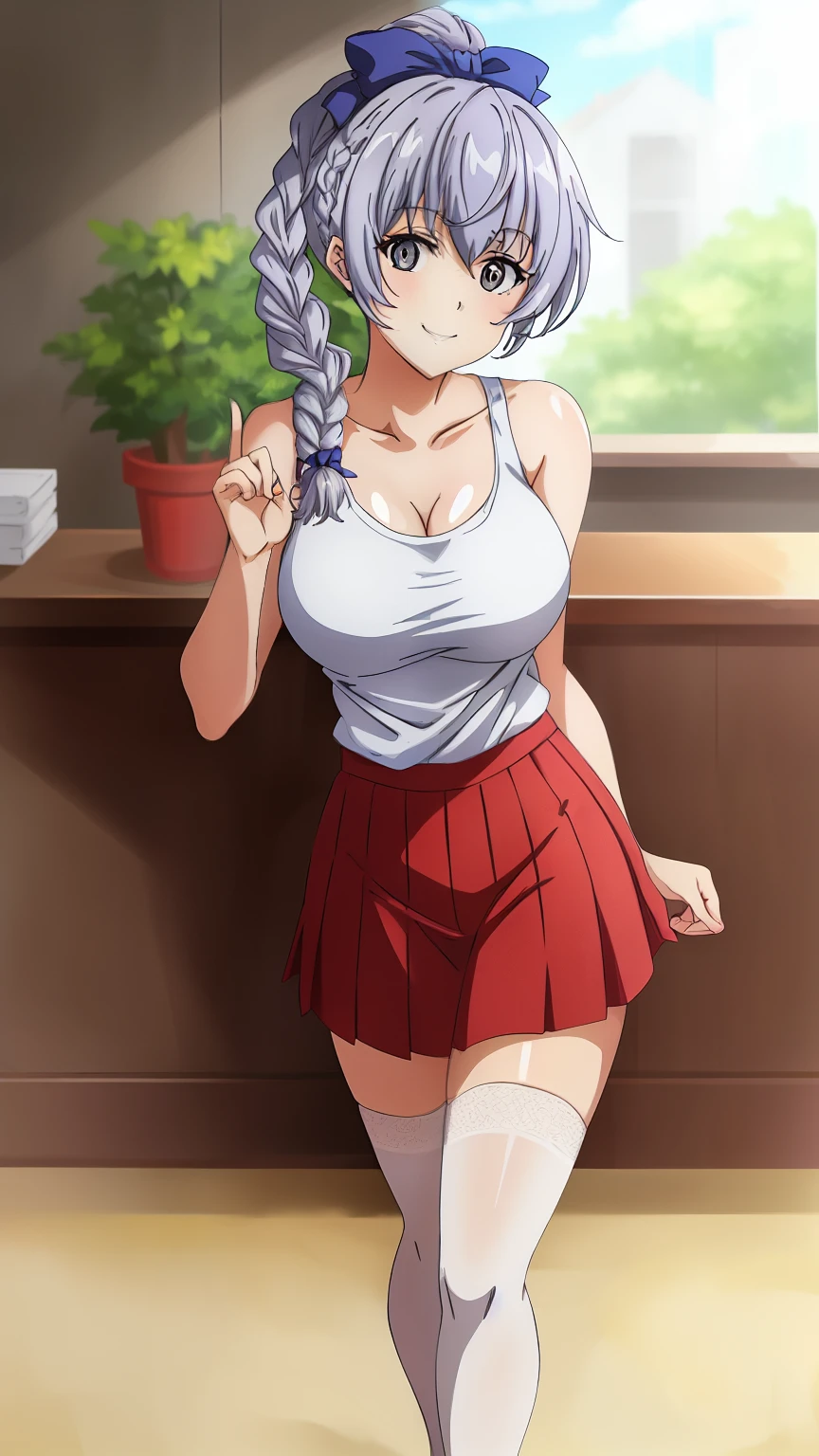 score_9, score_8_up, score_7_up, score_6_up, rating_safe, source_anime, BREAK, full body shot, 1girl, solo, braided ponytail, blue bow, single braid, grey eyes, grey hair, big breasts, petite body, white tank top, red pleated skirt, black thigh highs, white high heels, looking at viewer, light smile, standing, dynamic pose, indoors