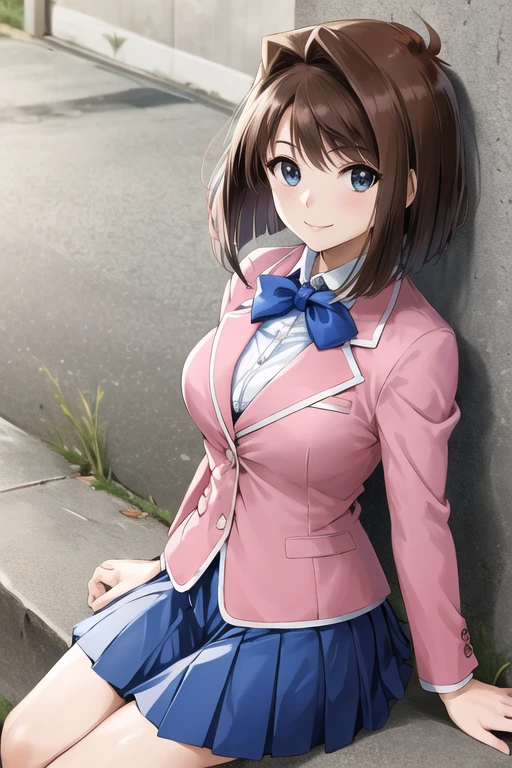 masterpiece, Best Quality, High resolution, Amagasaki, (Antenna Hair:1.2), Medium chest, Blue bow tie, Pink jacket, blazer, Long sleeve, Blue Skirt, Pleated skirt, Outdoor, Cowboy Shot, Sitting, smile, Wavy