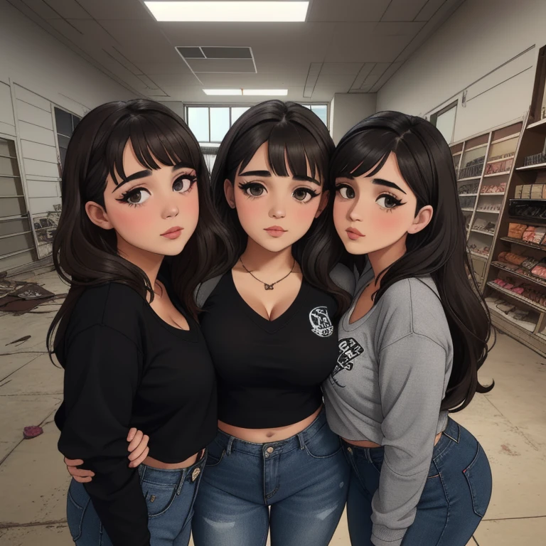 Two cute petite curvy chubby emo sisters, one with short hair and one with long hair, hair covering half face, one wearing glasses, beautiful detailed brown eyes, cutely detailed lips, extremely cute detailed eyes and face, busty, voluptuous breasts, deep cleavage, wide curvy pearshaped hips, thick thighs, v neck sweatshirt tucked in belted jeans, full body, different personalities, masterpiece, photorealistic, 8k, vivid colors, studio lighting, professional, inside an empty abandoned pet store. 