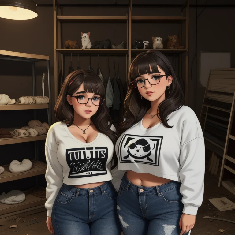 Two cute petite curvy chubby emo sisters, one with short hair and one with long hair, hair covering half face, one wearing glasses, beautiful detailed brown eyes, cutely detailed lips, extremely cute detailed eyes and face, busty, voluptuous breasts, deep cleavage, wide curvy pearshaped hips, thick thighs, v neck sweatshirt tucked in belted jeans, full body, different personalities, masterpiece, photorealistic, 8k, vivid colors, studio lighting, professional, inside an empty abandoned pet store. 