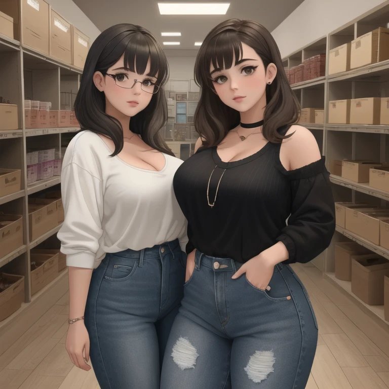 Two cute petite curvy chubby emo sisters, one with short hair and one with long hair, hair covering half face, one wearing glasses, beautiful detailed brown eyes, cutely detailed lips, extremely cute detailed eyes and face, busty, voluptuous breasts, deep cleavage, wide curvy pearshaped hips, thick thighs, v neck sweatshirt tucked in belted jeans, full body, different personalities, masterpiece, photorealistic, 8k, vivid colors, studio lighting, professional, inside an empty abandoned pet store. 