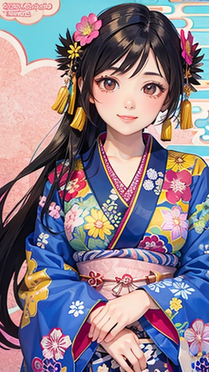 (Best Quality, Masterpiece, High resolution, 8k, Official Art), Beautiful woman in kimono, Colorful kimono with bright patterns, Large Breasts, Amazing digital illustrations, Beautiful woman smiling, Showing upper white teeth, Colorful ukiyo-e style anime illustration, Brownish black long hair, Beautiful Anime Paintings,, Detailed anime art, Above the knee style, 