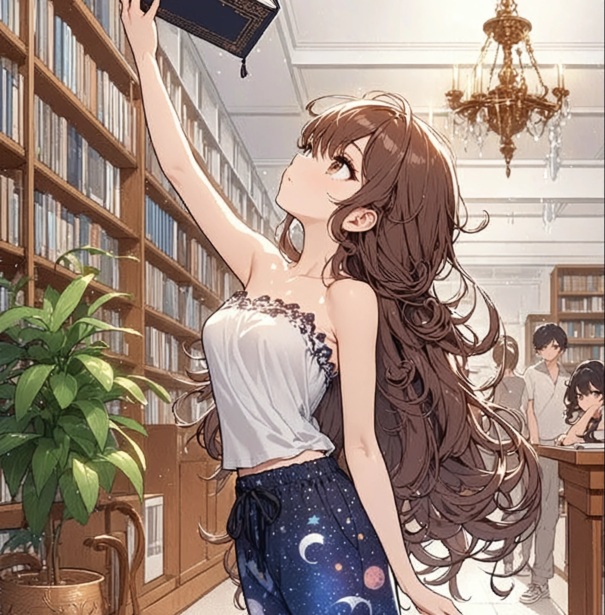Best quality, masterpiece, stoic, very long hair, brown hair, (((swept bangs))), brown eyes, toned arms, small breasts, strapless pink shirt with yellow pocket, jeans, satchel, sneakers, reaching up for book on shelf, library with teal walls, potted tropical plants, people in background,