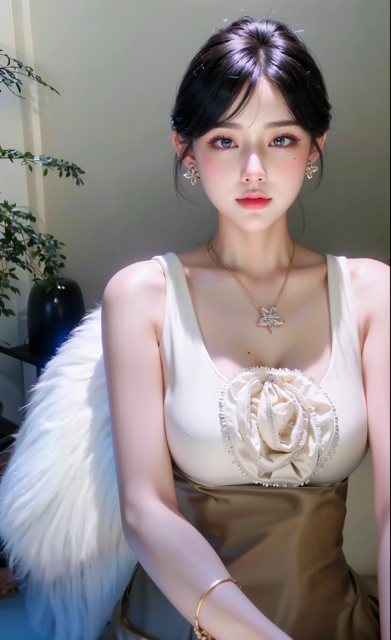 (((Medium hair))), best qualtiy, 8K, hdr, A high resolution, absurderes:1.2, blur backgroun, Background bokeh:1.2, photography of, (RAW photo:1.2), (真实感:1.4), (Masterpiece:1.3), (complexdetails:1.2), 1girll, 独奏, japanaese girl, delicated, Beautiful detailed, (Delicate double eyelids), (Detailed facial features), Bigboobs, (((Large breasts))), Skin Firm, (Looking_at_peeping at the viewer), From_Front, （being thin），（best qualtiy：1.4），（超A high resolution：1.2），cinematic lighitnglamplight，（Extremely detailed illustration），（Gloss on lips，best qualtiy，超A high resolution，depth of fields，Caustics，Extensive illumination，naturalshadow，85mm， f/1.4, iso 200, 1/160s:0.75),1girll, Solo, (((Silk vest))) Smile, ((silk garment,pleatedskirt,‎Classroom))