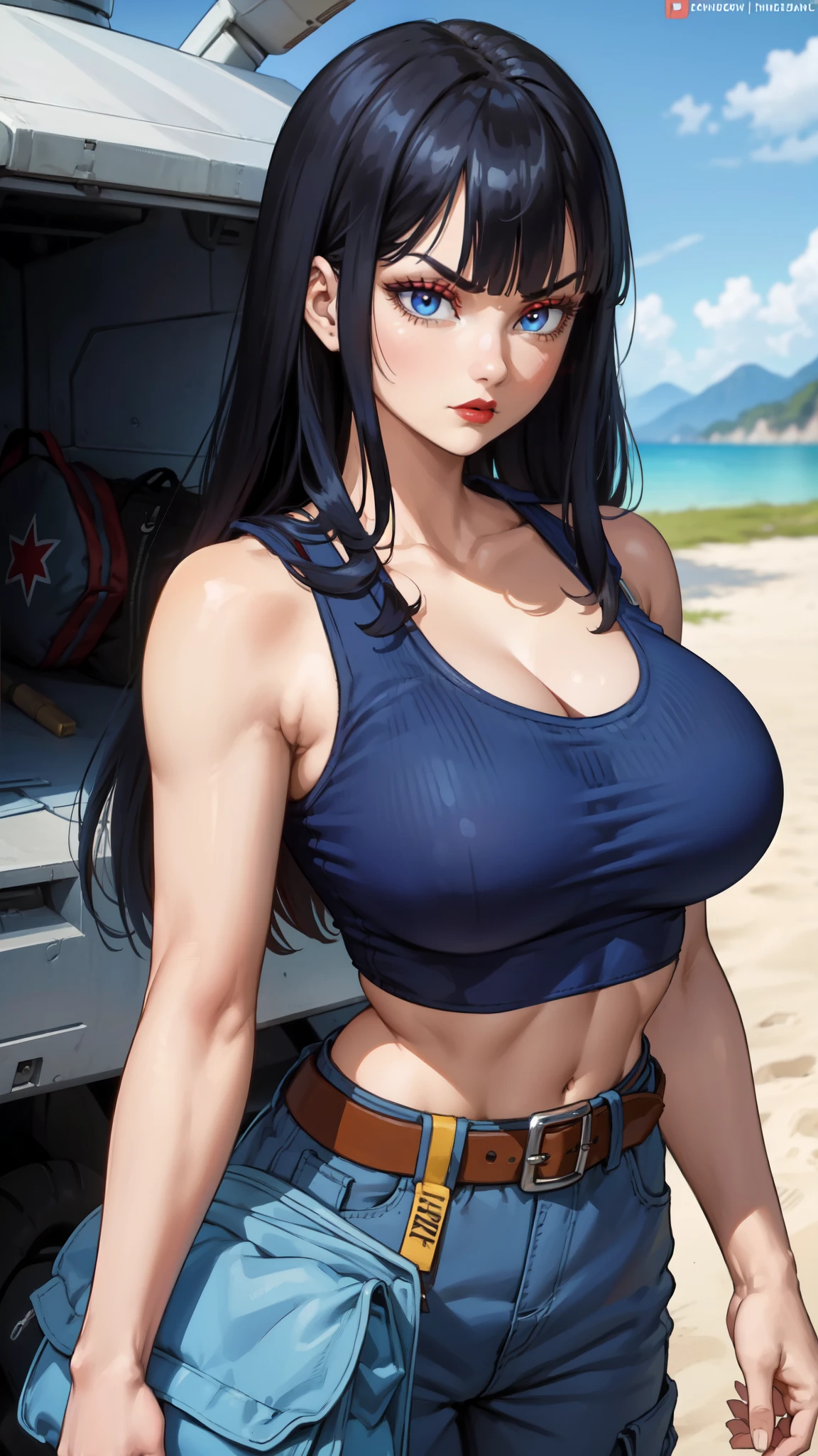 1girl, solo, masterpiece, best_quality:0.5, highres, 4K image, (incredible_details:0.7), absurdes, ((cowboy_angle_shot:1.0)), Mai, large eyes, blue eyes, red eyeshadows, (detailed_eyes), serious face, red lipstick, straight hair, long hair, blunt bangs, standing confident, ((carrying a sport bag in her right arm, on her shoulder)), looking seriously at side, perfect body, ((in tight top tank, white top tank, crop top)), medium breasts, colossal cleavage, belt, military pants, standing solo, [side view], airplane scenery, military base behind, ((blur_background)), sunnyday, exteriors, splendid day