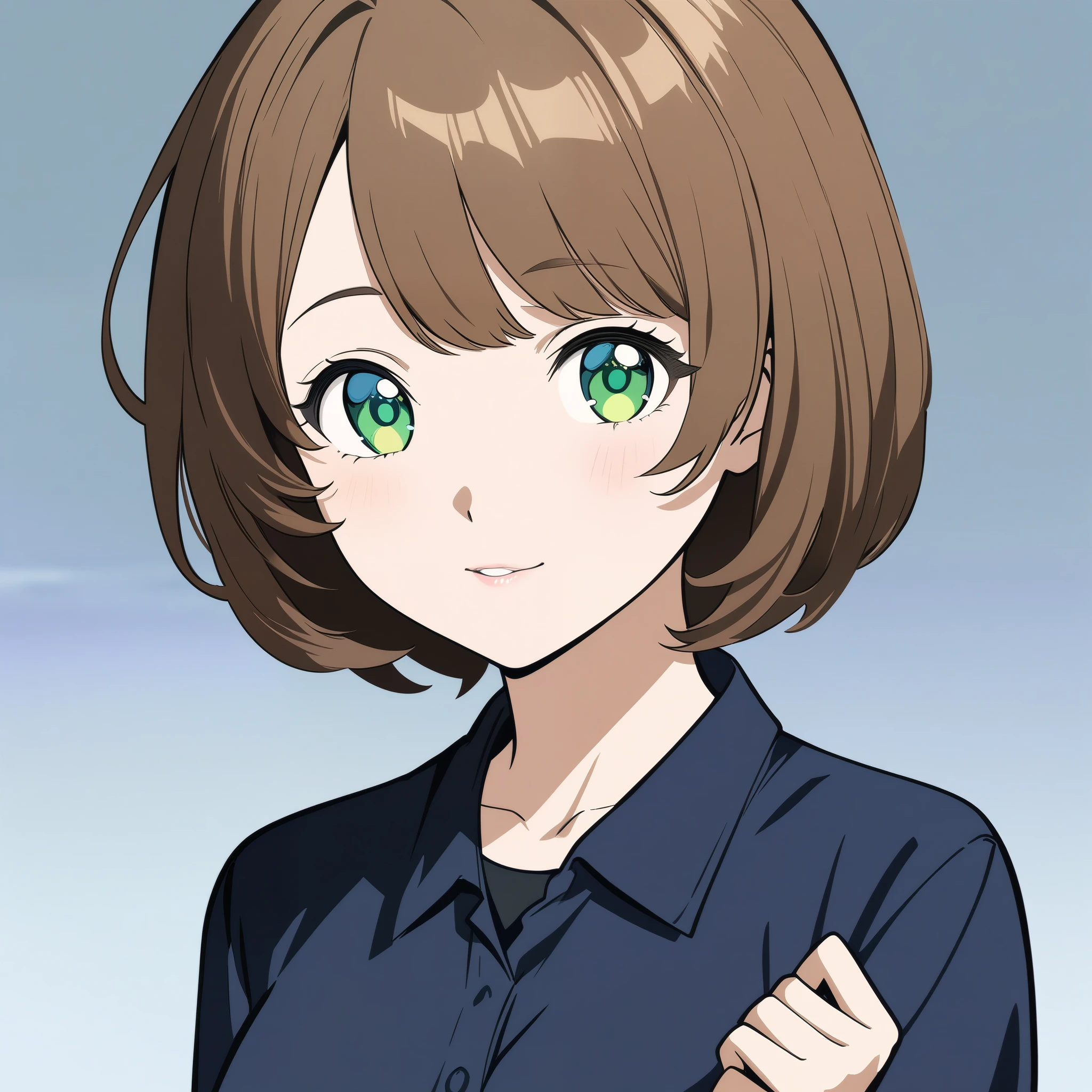 Female anime character wearing a black long sleeve shirt and blue jeans, 短いBrown Hair, Neck Length, Green Eyes, Digital painting inspired by Tomer Hanuka, Trending on pixiv, Serial Art, Big gesture style close-up, Full body detail, Wear casual clothes, Style Anime, Anime style ultra detailed, Anime-style characters, Impressively detailed art style, Realistic art style, Clean and detailed anime style, Modern anime style, Brown Hair