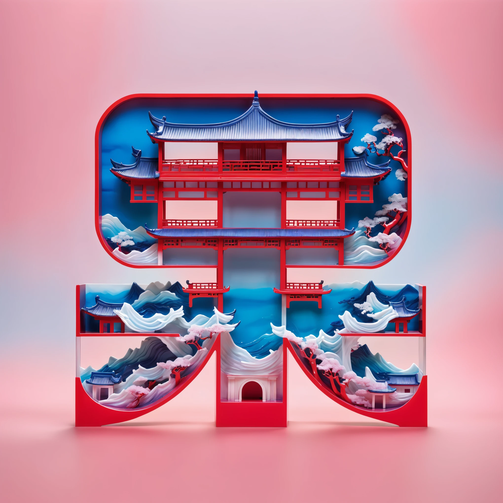 Pink polyurethane plastic model: Red, white and blue temple，Translucent water style, Fun illustrations, red, Subtle color gradient, Fun, Dreamlike scene, Chinese Punk, Rococo Art and Design, Sublimation of form