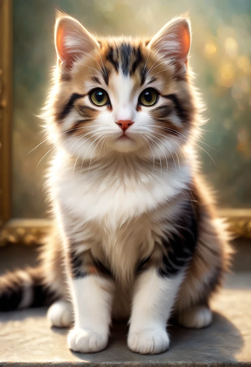 A cute cat greets the viewer, Pierre＝Art by Auguste Renoir and Jeremy Mann, (Viewpoint angle:1.2), Realistic, Ray Tracing, Beautiful lighting,masterpiece,National Geographic,Emphasis on realism,Blurred Background