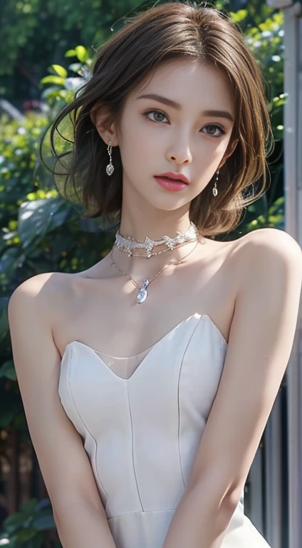 half-body photo of a korean girl, (Perfect beauty:1.37), ((platinum brown hair)), medium(((perfect natural ))), cleavage,  collarbone, oval face, double eyelids, smart peach blossom eyes, pink lips, small nose, bangs, earrings, lace choker,  shoulders, strapless(black lace short dress), (Outdoor, Night:1.125), Park view, Super fine face, Fine eyes, Double eyelids, (Clear focus), (Realistic lighting, Best quality, 8K, Masterpiece: 1.43),