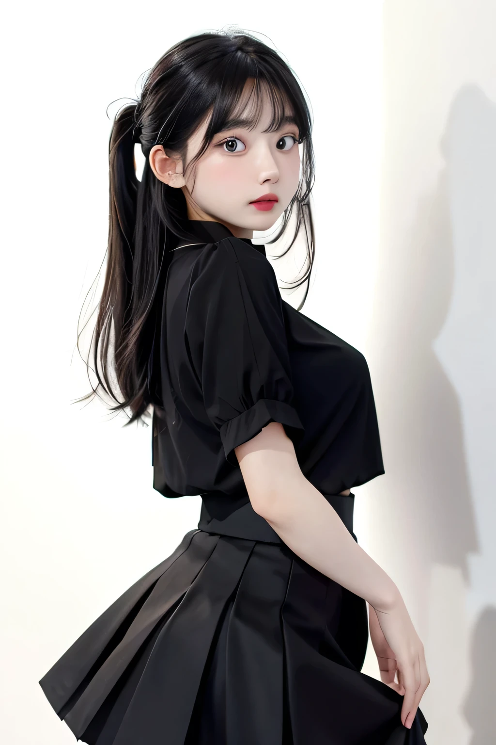 1girl,hair with bangs,black blouse and black skirt, ,white background,  