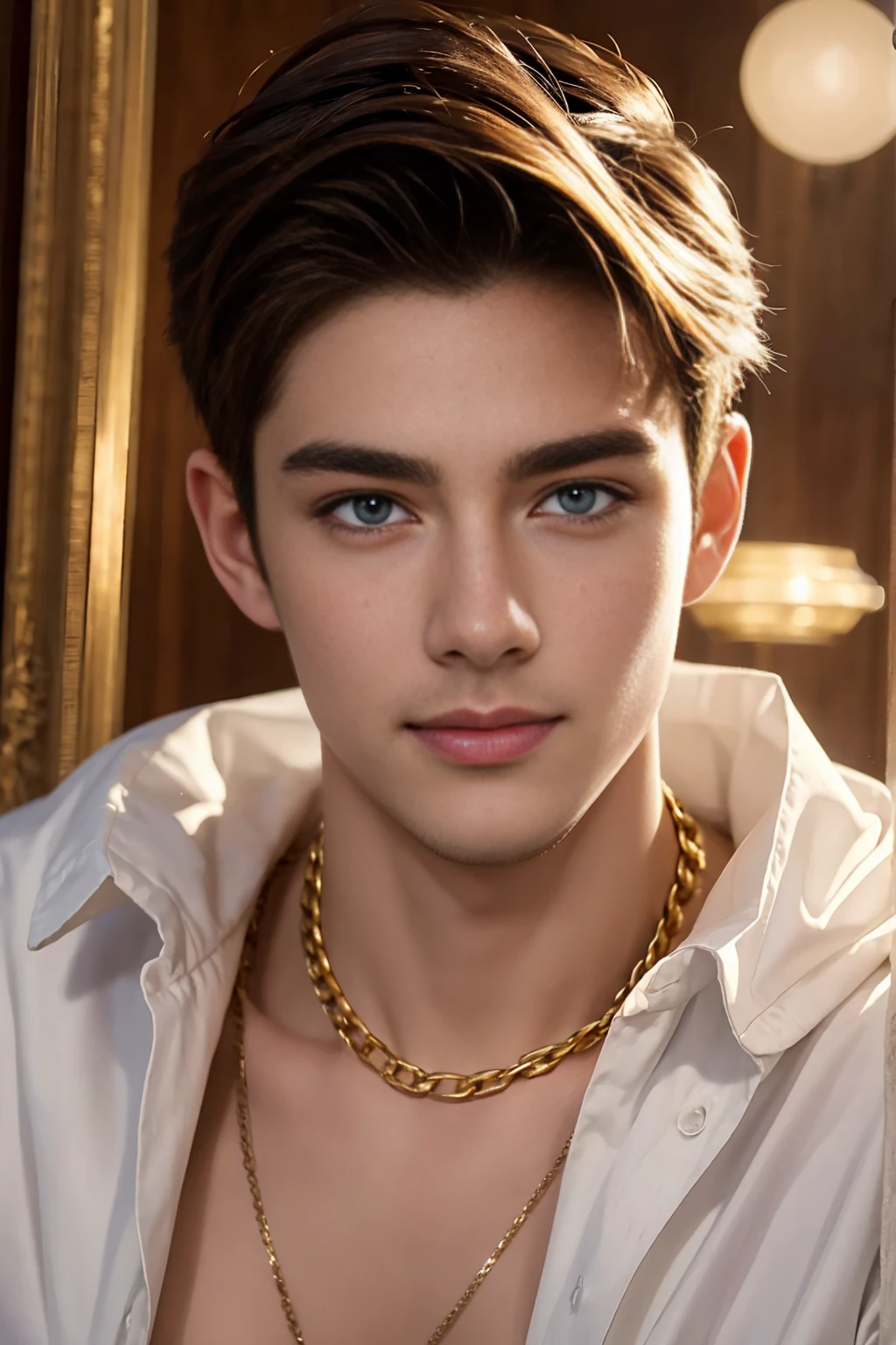 ((best quality)), ((masterpiece)), (detailed), 1boy, fitted, chiseled, rich greek temple, male, short blonde messy hair, heavenly handsome male face, detailed eyes, muscular chest, topless, golden chain belt, draped cloth sunga, arm ring, detailed skin, realistic, daeni pin style, [Daniel F. Gerhartz style::0.5], uhd image, hires, 8k, photo-realistic, epic lighting, sharp focus, realistic, romantic,