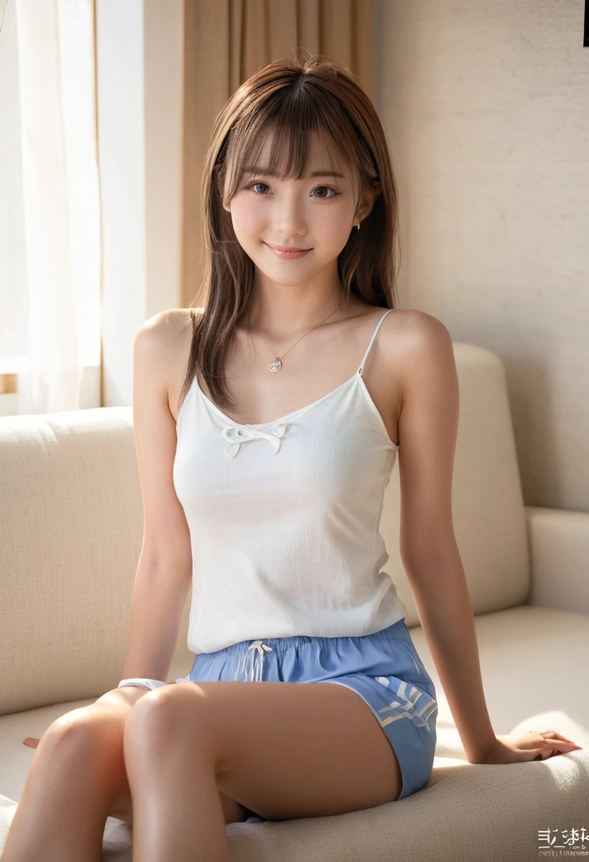 2　Japanese　cute　smile　Full body portrait photography　Medium Hair　Sitting on the sofa at home　Bright room　Silk pants　Best Quality, Official Art, 非常に精細なCGを統合した8Kwallpaper, Realistic、Large file size, Very detailed, High resolution, Very detailed, Beautiful detailed Japanese girl, Very detailed  完璧な顔, masterpiece、Best Quality、High resolution、wallpaper、Realistic、Stylish lighting、Professional Lighting、Japanese women、so beautiful、Beautiful Skin、Beautiful and elegant、slim、Posing、Brunette Hair、Brown eyes、nature、カメラを見つめるGirl Photos, Temporarily stop, Girl Photos、young face, Volumetric Light, (Backlight: 1.3), (Movie level: 1.3), Intricate details, (Art Station: 1.2)　