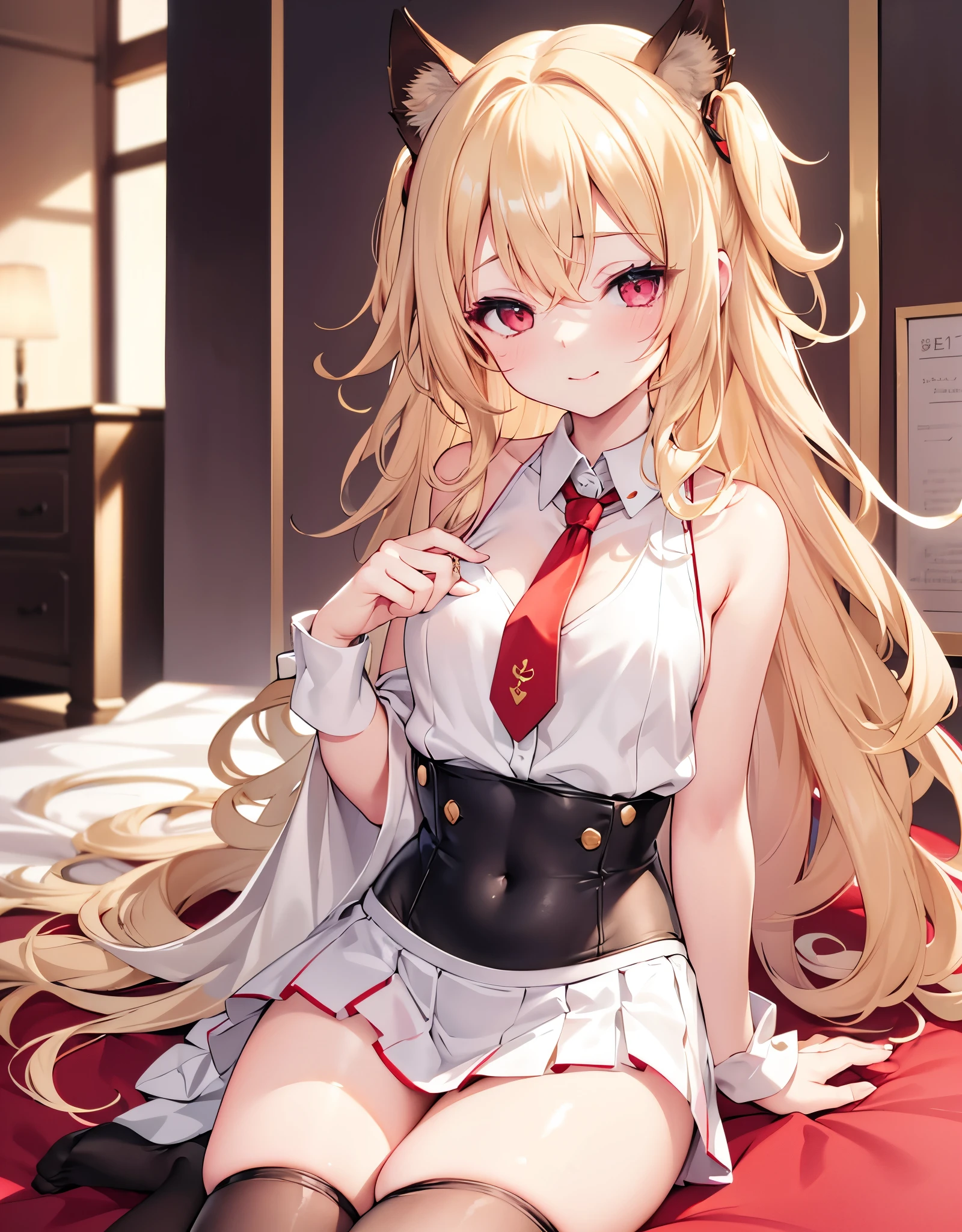 1girl, rating:safe, solo, long_hair, blue_eyes, striped, blonde_hair, navel, skirt, bow, very_long_hair, detached_sleeves, ribbon, twintails, food, midriff, hair_ornament, hair_ribbon, thighhighs