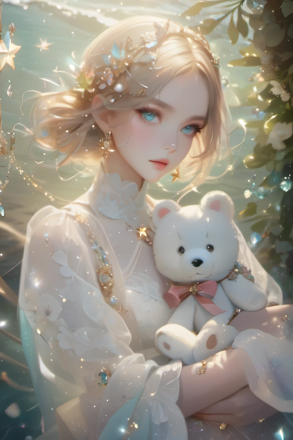 A lot of jewels,flower,star,diamond,star,run,sea,Aquamarine,High resolution, masterpiece, accessories, Sparkle Effect,