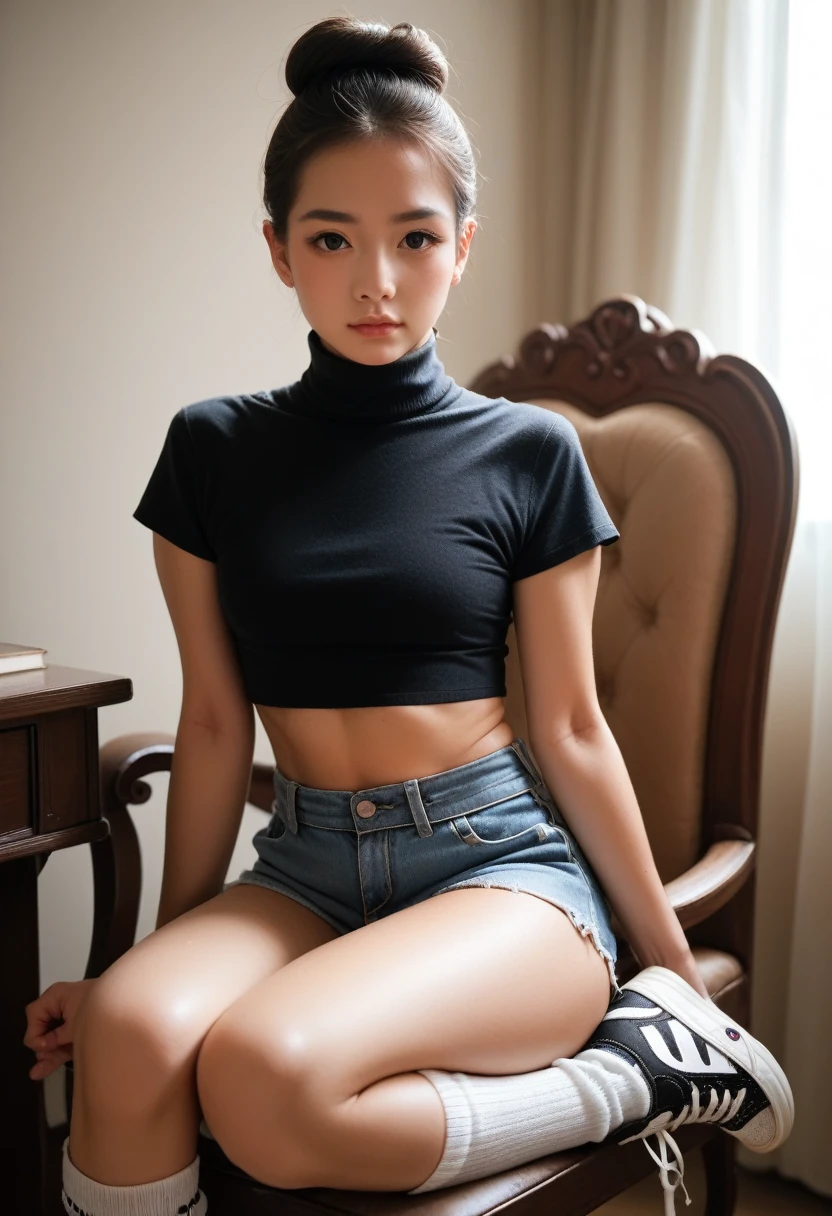 score_9, score_8_up, score_7_up, sfw, Anatomically Correct, 

portrait of 1 Japanese supermodel, short hair with a bun,
, turtleneck short sleeves black crop top,cropped denim shorts, overknee socks and sneakers,
warm tones,soft lighting,sitting on a chair  in an elegant ballroom