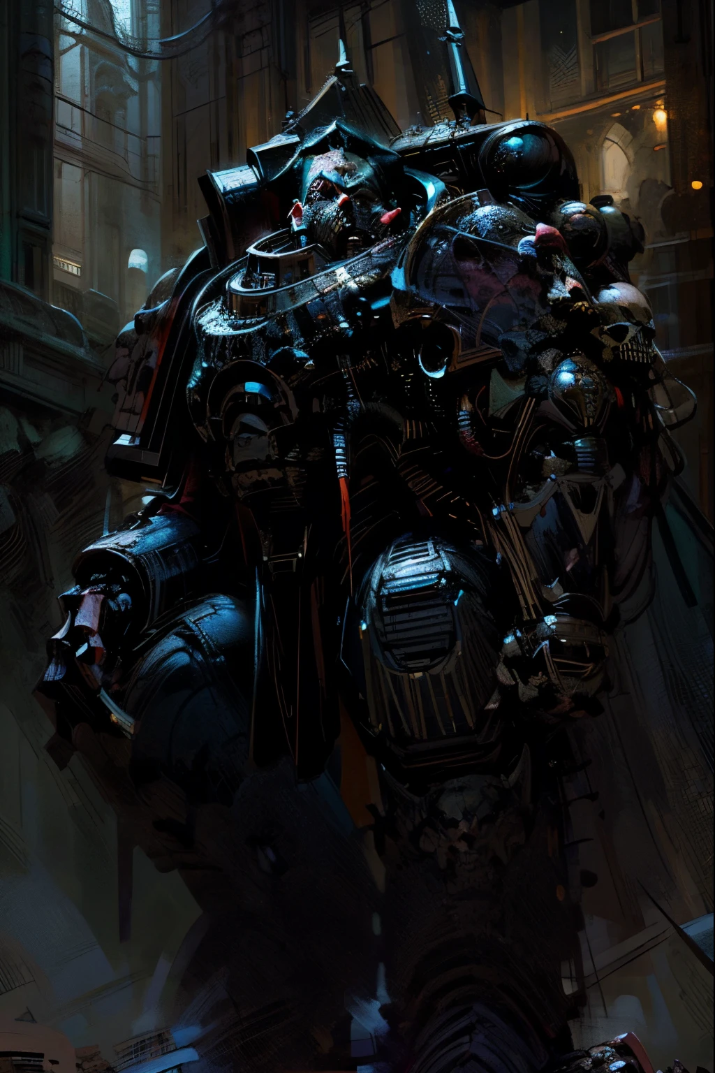 (masterpiece, best quality, perfect face, expressive eyes), intricate details, detailed, mecha, night lord, skulls, space marine, adult, night, gothic, detailed, cinematic lighting, dramatic shadows, vibrant colors, digital painting, concept art,