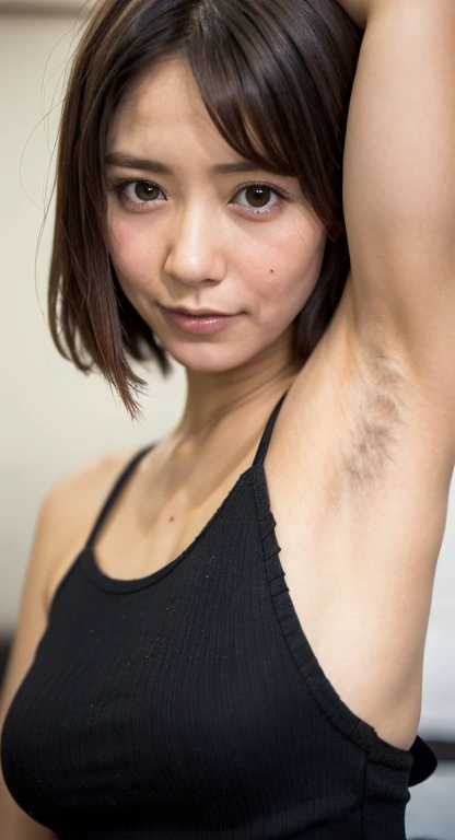 Japanese female 1 person、Mature Woman、4、Large Breasts、Big Ass、Plump、living room、Being drunk、Sex Appeal, sexy, White tank top、((Looking at the camera:1.8))、(Extremely realistic skin texture:1.4)、(Realistic:1.3)、short hair、(Embarrassed expression:1.5)、(4 woman、Mature Woman)、(Lift your left arm and show your armpit:1.3)、(Armpit close-up:1.4)、(Shooting from the side:1.2)