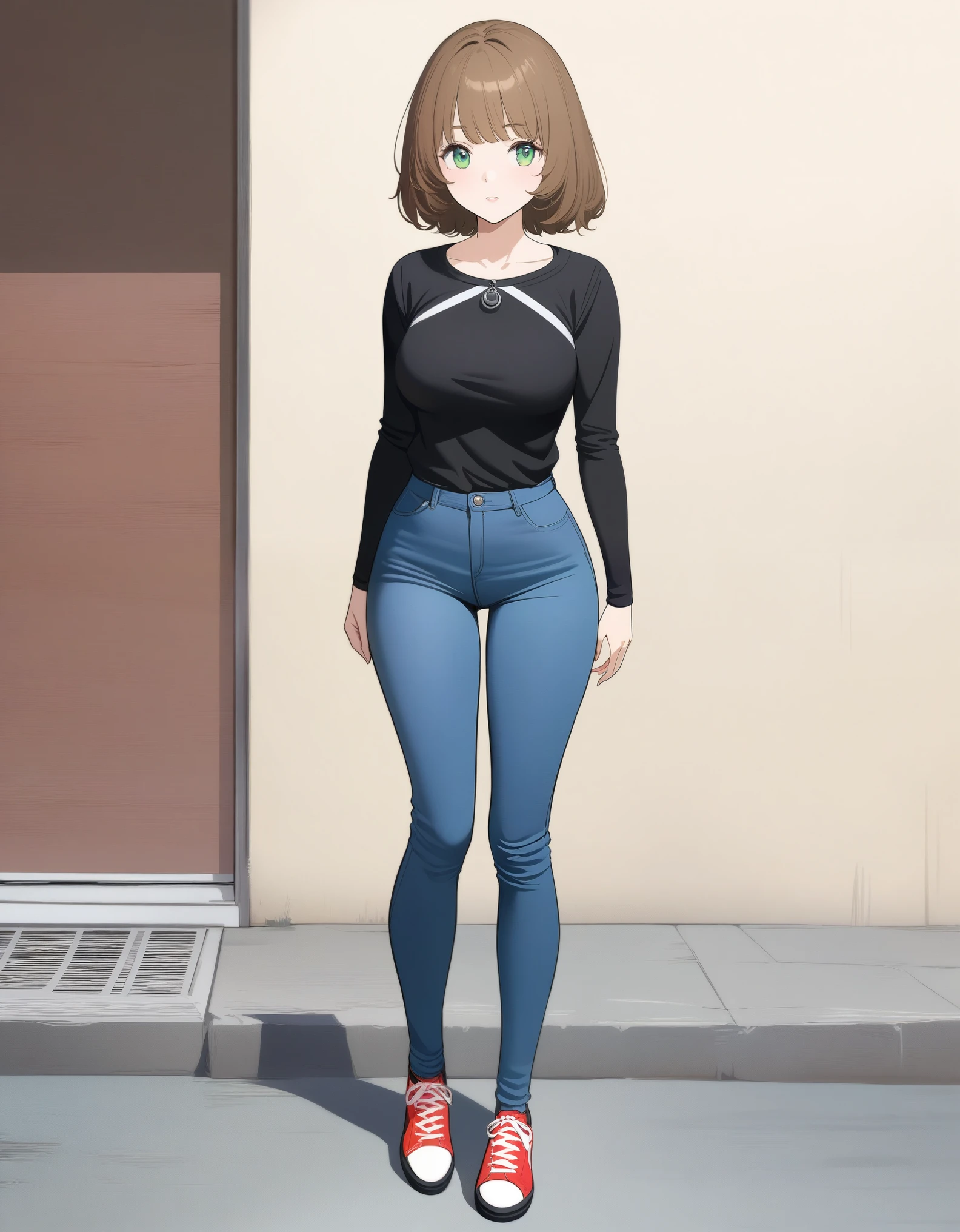 Female anime character wearing a black long sleeve shirt and blue jeans, 短いBrown Hair, Neck Length, Green Eyes, Digital painting inspired by Tomer Hanuka, Trending on pixiv, Serial Art, Big gesture style close-up, Full body detail, Wear casual clothes, Style Anime, Anime style ultra detailed, Anime-style characters, Impressively detailed art style, Realistic art style, Clean and detailed anime style, Modern anime style, Brown Hair