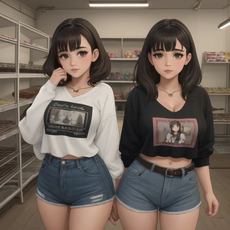 Two cute petite curvy chubby emo sisters, one with short hair and one with long hair, hair covering half face, one wearing glasses, beautiful detailed brown eyes, cutely detailed lips, extremely cute detailed eyes and face, busty, voluptuous breasts, deep cleavage, wide curvy pearshaped hips, thick thighs, v neck sweatshirt tucked in belted jeans, full body, different personalities, masterpiece, photorealistic, 8k, vivid colors, studio lighting, professional, inside an empty abandoned pet store. 