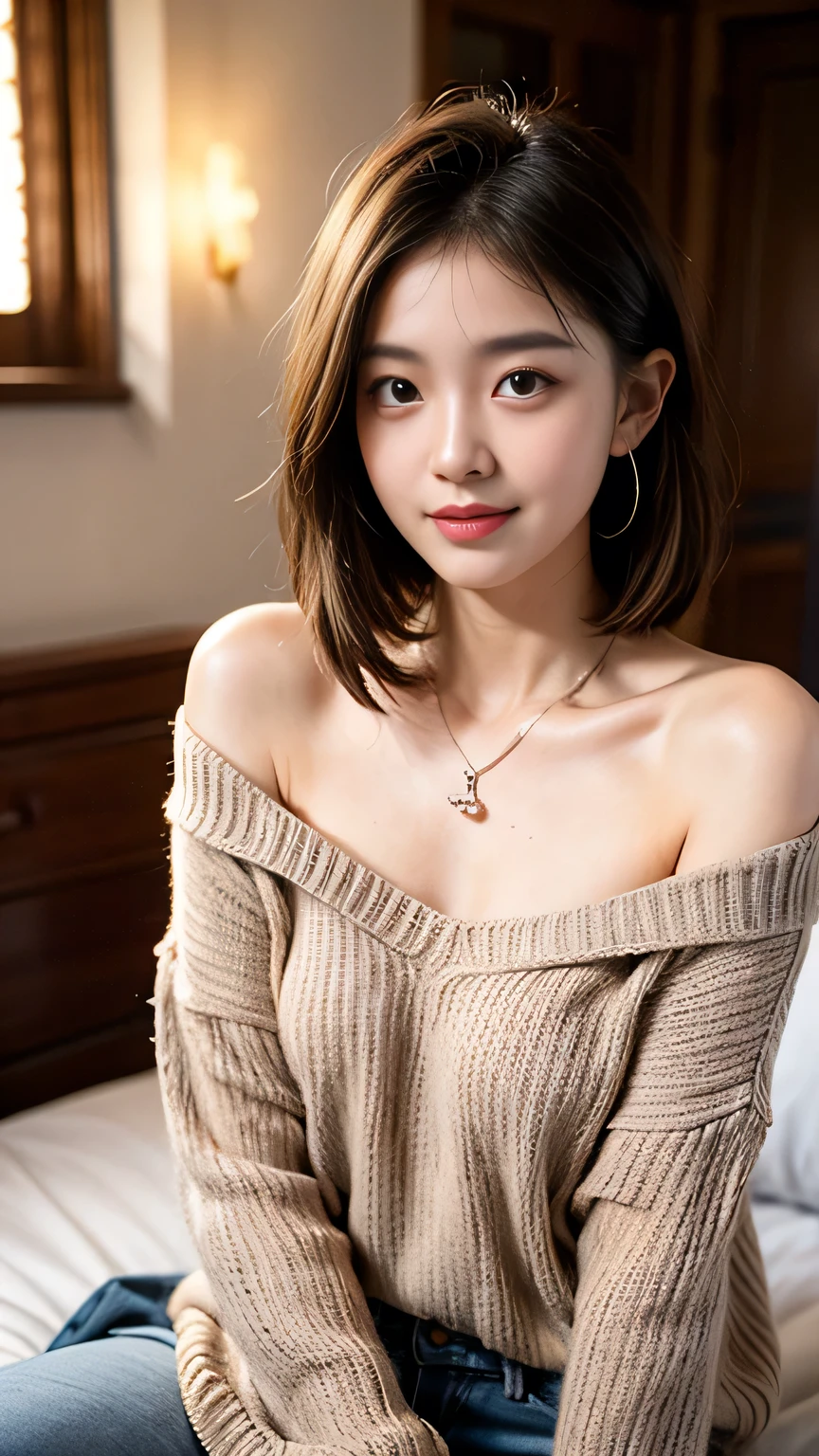 （Short-haired women），（off shoulder sweater，Oversized sweater），（hidden shorts），（sit cross-legged，Put your hands on your thighs），on top of bed，Moderate，deep，best quality，masterpiece，Enlightenment，very delicate and beautiful，Very fine skin，CG，Unite，8k wallpaper，amazing，detailed，高度detailedCG Unite 8k wallpaper，Huge file size，high resolution，Handsome and delicate woman，非常detailed眼睛和脸部， Stunningly detailed eyes，There is light on the face，（最佳Enlightenment：1.1），（the darkest：1.1），超high resolution，（lifelike：1.1），（lifelike1.2：1.1），lifelike面部比例，Slim，Smile，（蓬松的black eyes：1.21），black eyes，looking at the audience，deep棕色头发，ear nipple ring，necklace，hairpin，full-body shot，（Irregular skin blemishes，vein，birthmark，Skin Wrinkles，pores：1.2），（Pitch black night background： 1.2）， （Bokeh： 1.4），