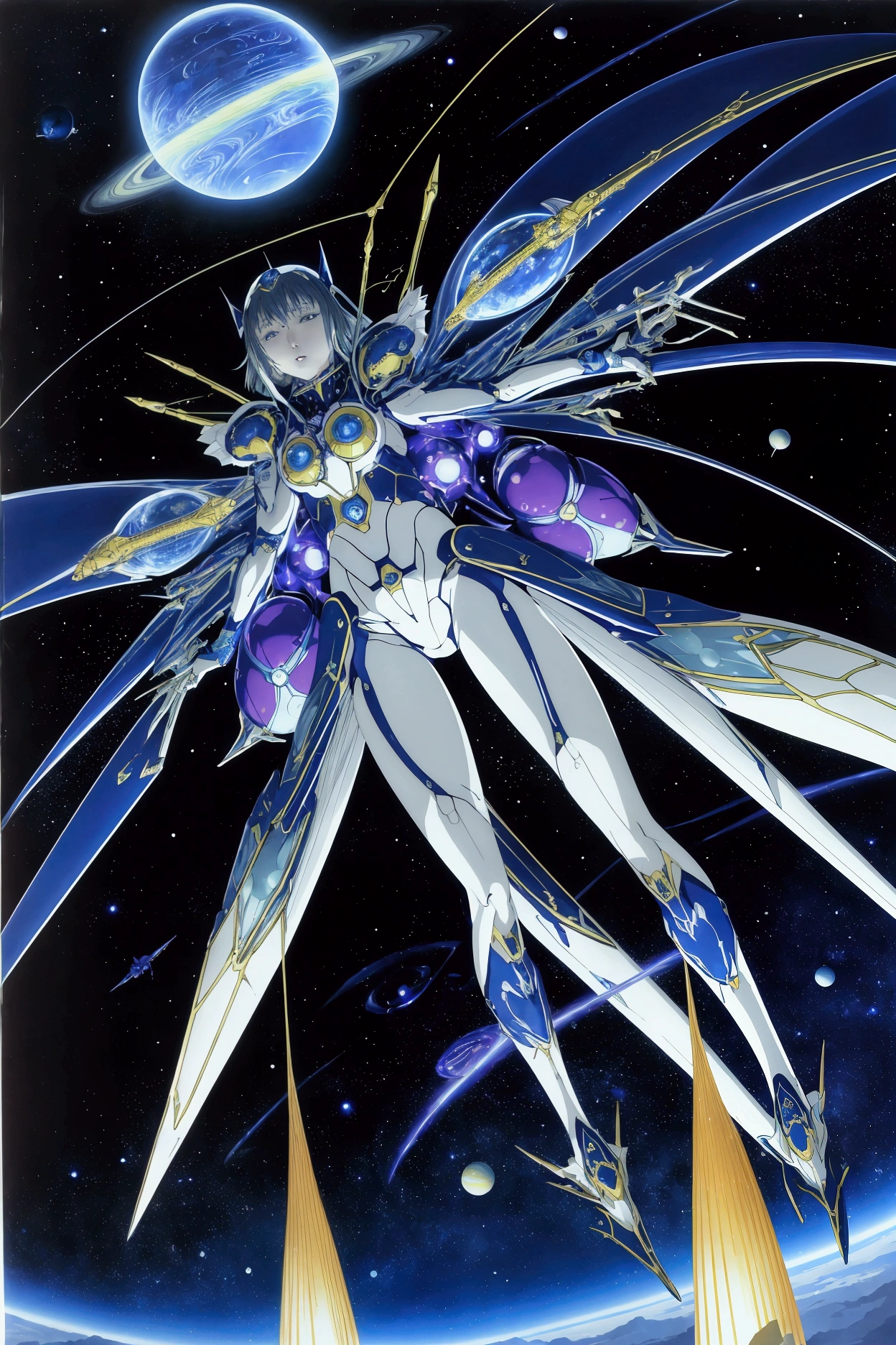 Harry Clarke, Hajime Sorayama, Naoyuki Kato, Masamune Shirow, Alicia Austin, Surrealism, wonder, strange, fantastical, fantasy, Sci-fi, Japanese anime, philosophical essay on the orbits of planets, outer space moving under the force of gravity, beautiful girl in a space suit, perfect voluminous body, detailed masterpiece 