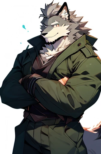 1man, solo, Focused on Right Side of the character , A Very Muscular Furry style Gray Wolf. he is wearing A Full long armed Dark Green Soldier suit Outfit, his hand are in his pocket, White Background, Simple Background, he have a very long tail. His hair is little spikey and little messy. He have A gray hair. He have a little smile with blushes on his face in shyness. he is looking at the viewer. he have no hats on, he have gray eyes, Almost Full body