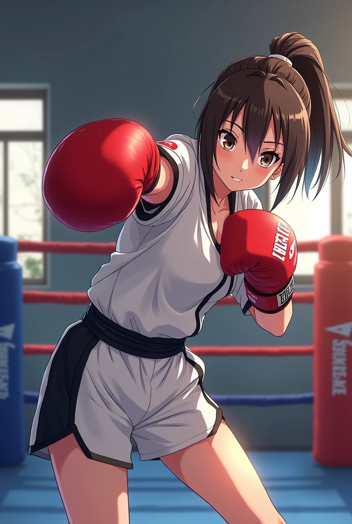 Um menino, transformado em um estilo anime, with facial features and boxing clothes, Standing in a boxing ring, fundo retroiluminado destacando o assunto,4K high definition quality, jovem, sorridente, bonito