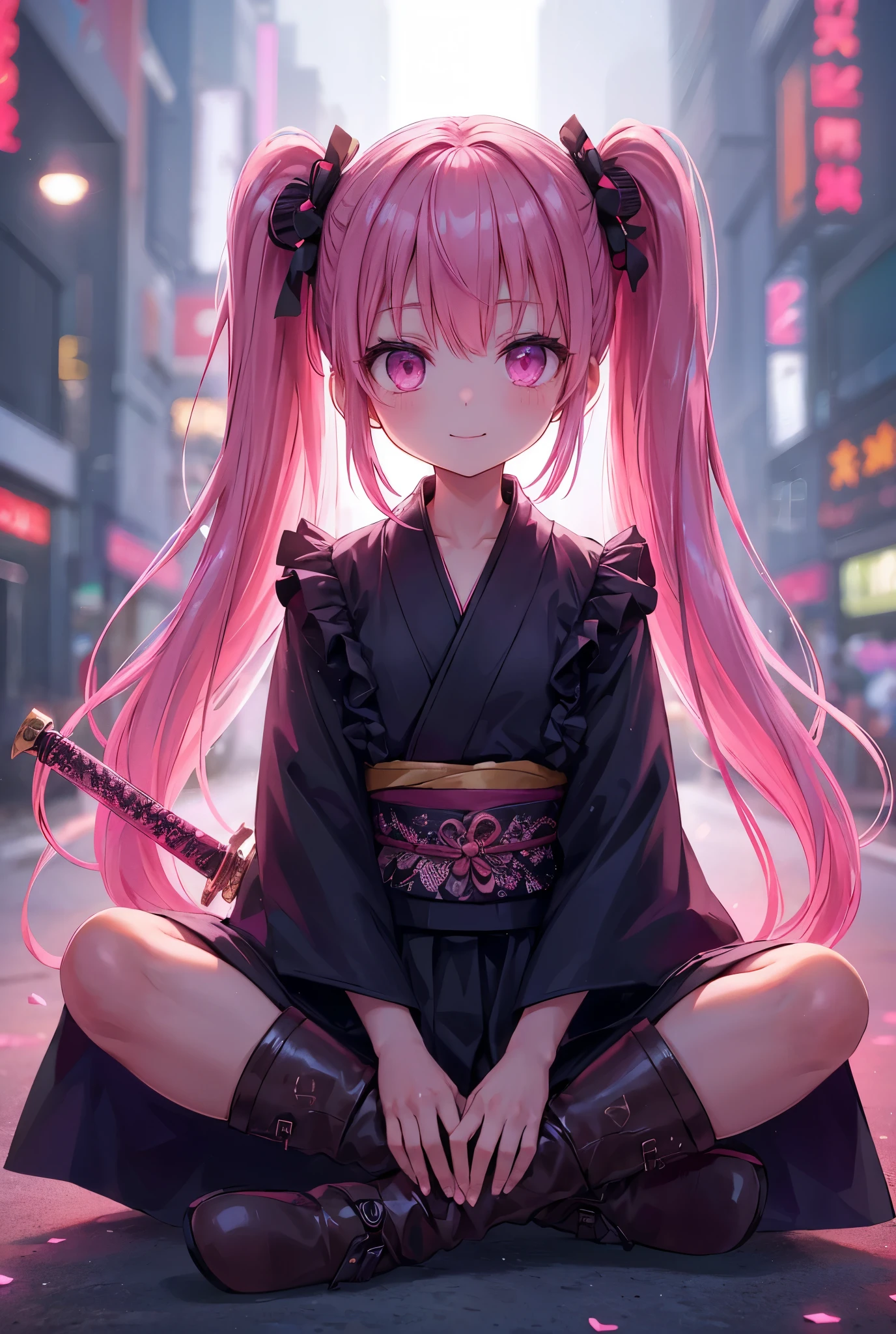 (masterpiece), Highest quality, Ultra-high resolution,Devil with a black ribbon、Pink Hair、Deep pink eyes、Black clothing、kimono、punk、Confident expression、Black boots、Oiran、Wind、cyber-、gun