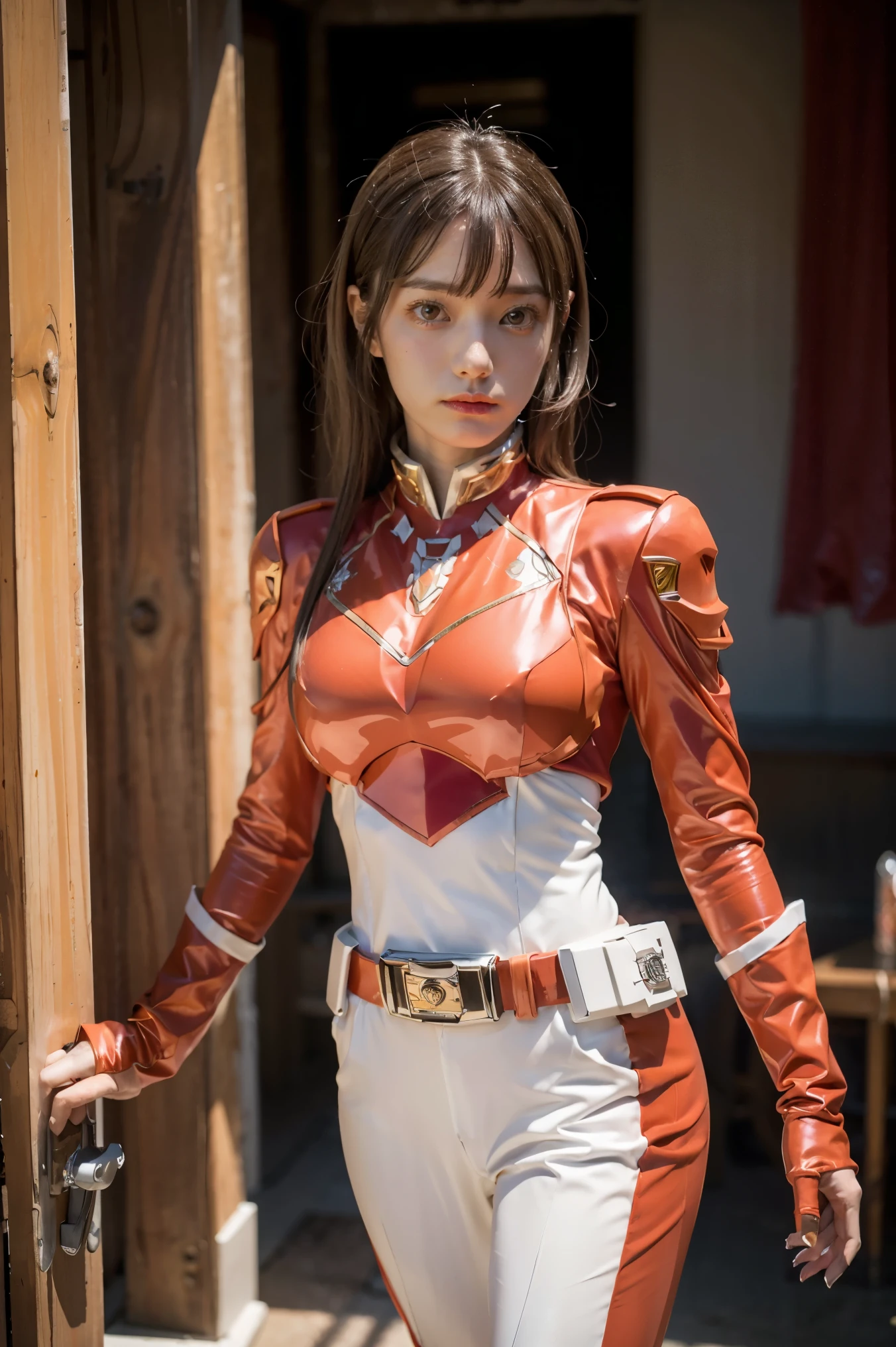 ,1girl, perfect  body, cinematic light, high resolution, best quality, ultra-detailed, masterpiece, kingohger suit, powerranger, suit, spd, kuwakata ohger (((white suit))), golden dual swords,