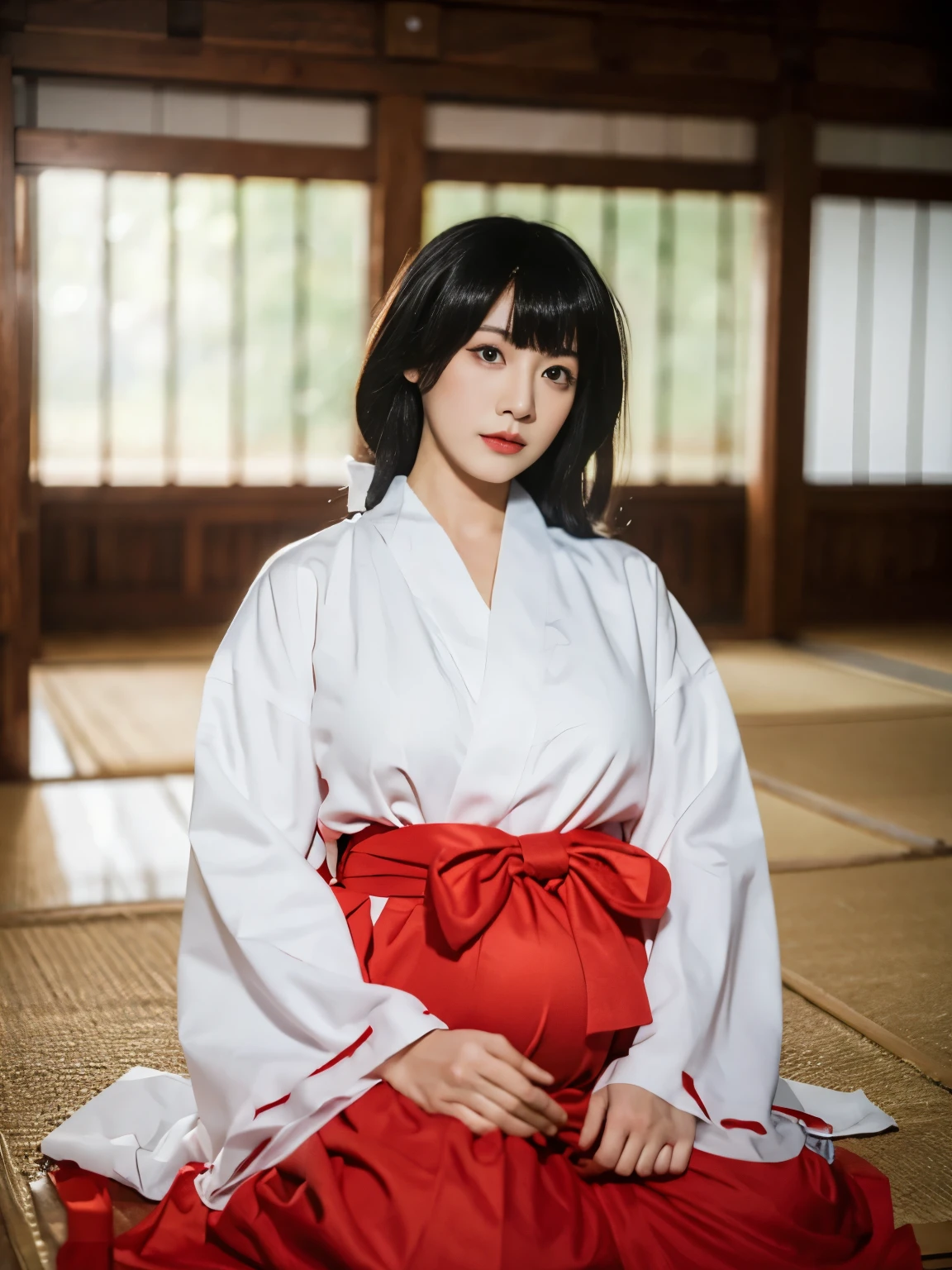 (masterpiece:1.25, highest quality:1.25), 16K HDR, 8K wallpaper, ultra high resolution, professional lighting, cinematic lighting, perfect RAW photo, 1 girl, alone, long hair, ultra realistic photo of Kikyo Miko, (kimono, red hakama, wide sleeves, long sleeves, ribbon-trimmed sleeves), (extremely ultra huge natural breasts:1.25, extremely ultra huge natural cleavages:1.25, extremely ultra huge natural boob:1.25, extremely ultra huge natural tits:1.25), (indoors, ultra realistic interior of abandoned Japanese temple, ultra detailed interior of abandoned Japanese style temple, wooden floor, sitting on floor), (close up angle, zoom up angle), (nsfw:1.5), front view, look at viewer, (pregnant stomach:1.15), sitting on Tatami, 