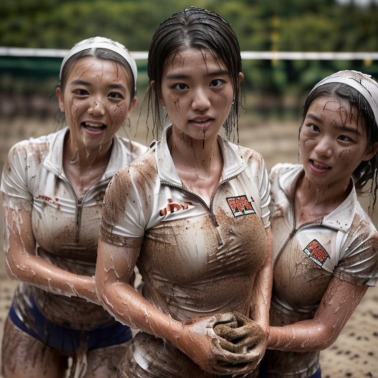 (A dirty field hockey uniform with plain white short sleeves and a very tight white half zip:1.7)、(A large, dirt-stained, white, square collar: 1.6)、(Red clay ground:1.5)、My hair is wet and messy、(Beautiful Japanese woman covered in dirt:1.8)、Highest quality, masterpiece, Ultra-high resolution, Photorealistic, Raw Photos,Detailed face,(Muscular woman:1.4), (Fastener open: 1.8), (Upper body zoom up:1.0),(Everyone wears the same clothes:1.0), All members are super beauties, (A group of beautiful Japanese women standing quietly in a close-knit group: 1.7), (Hair tied up: 1.4), (Expressionless:2.0), Bright photo, (My whole body is drenched in rain: 1.8), (Covered in mud and earth: 1.2)
