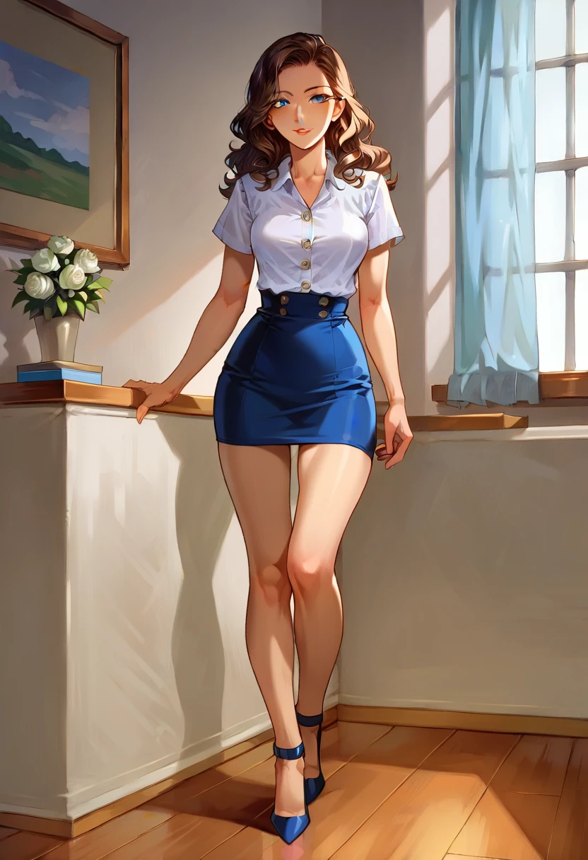 score_9, score_8_up, score_7_up, score_6_up, 1girl, 30yo, female, short, slender slutty girl, brunette, wavy hair, cute and mature, flirt, gaze, sexy look, half-closed eyes, filled lips, wearing sexy flight attendant uniform, (baby blue skirt, short skirt)1.3, high heels, (white_blouse:1.4), medium breasts, standing, shoulder length hair, flowing hair, (inside sleek private jet:1.2), perfect hands, perfect proportions.