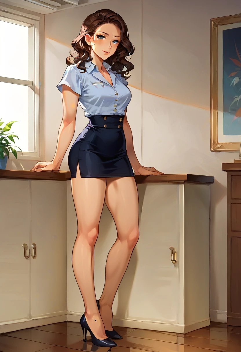 score_9, score_8_up, score_7_up, score_6_up, 1girl, 30yo, female, short, slender slutty girl, brunette, wavy hair, cute and mature, flirt, gaze, sexy look, half-closed eyes, filled lips, wearing sexy flight attendant uniform, (baby blue skirt, short skirt)1.3, high heels, (white_blouse:1.4), medium breasts, standing, shoulder length hair, flowing hair, (inside sleek private jet:1.2), perfect hands, perfect proportions.