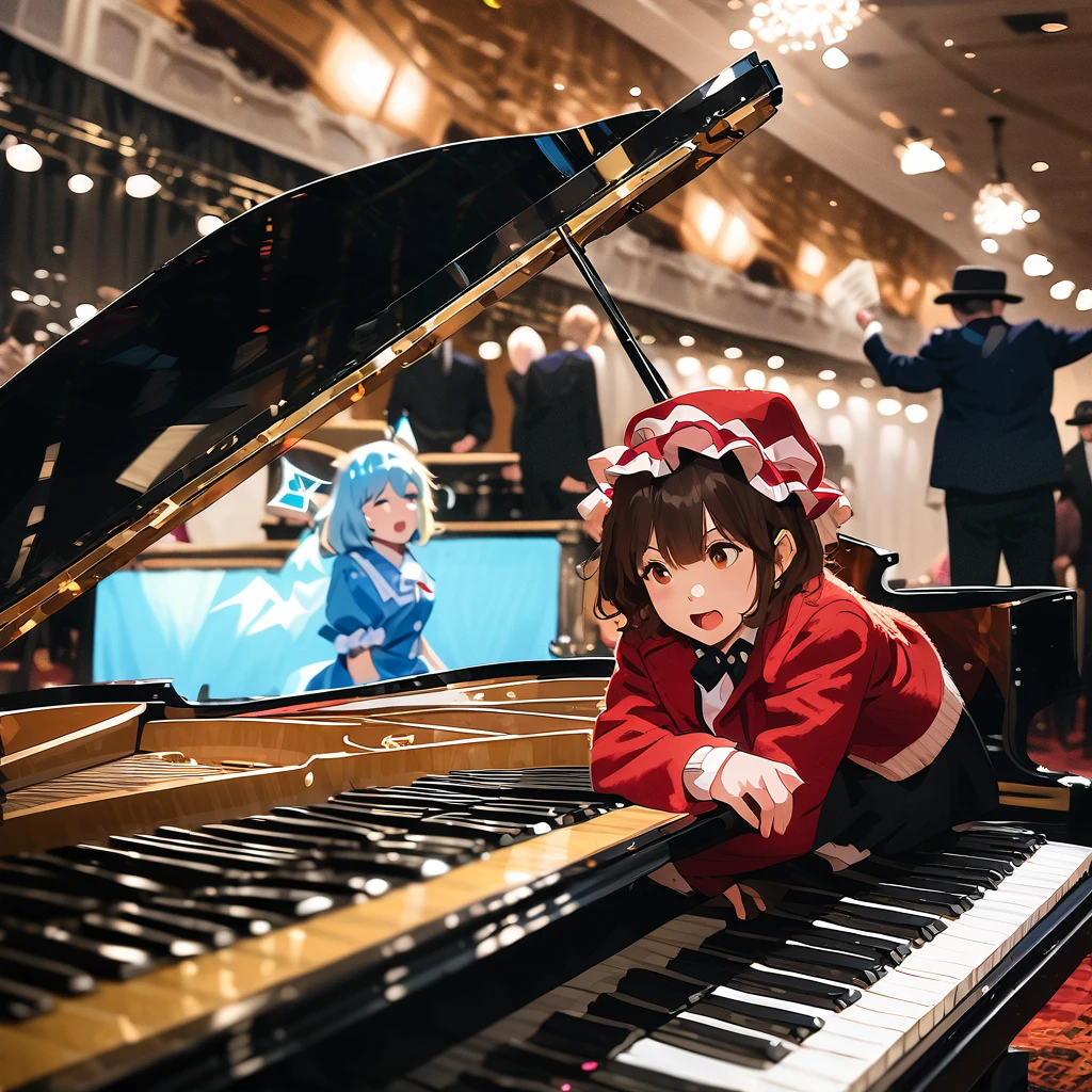 (((Real、Real:1.37)))、(((Live-action photo style:1.3)))、(((masterpiece)))、((Best Quality))、Male YouTuber、Black hat and jacket、Playing the grand piano at an event venue、A woman dressed as the Touhou character Cirno is singing passionately next to a grand piano.。、(Women&#39;s costume ice_Wings、青いribbon、ヘアribbon、Sing with a microphone、Puffy short sleeves、Open your mouth、White shirt、Blue Dress、ribbon、Collared shirt、Black footwear、Mary Janes、White socks)、A large audience watches the pair perform、A person taking a video with a smartphone、People clapping their hands、A person who cosplays as an anime character、Large event venues、A poster announcing the event is on the back wall of the venue.。 A venue like a gym