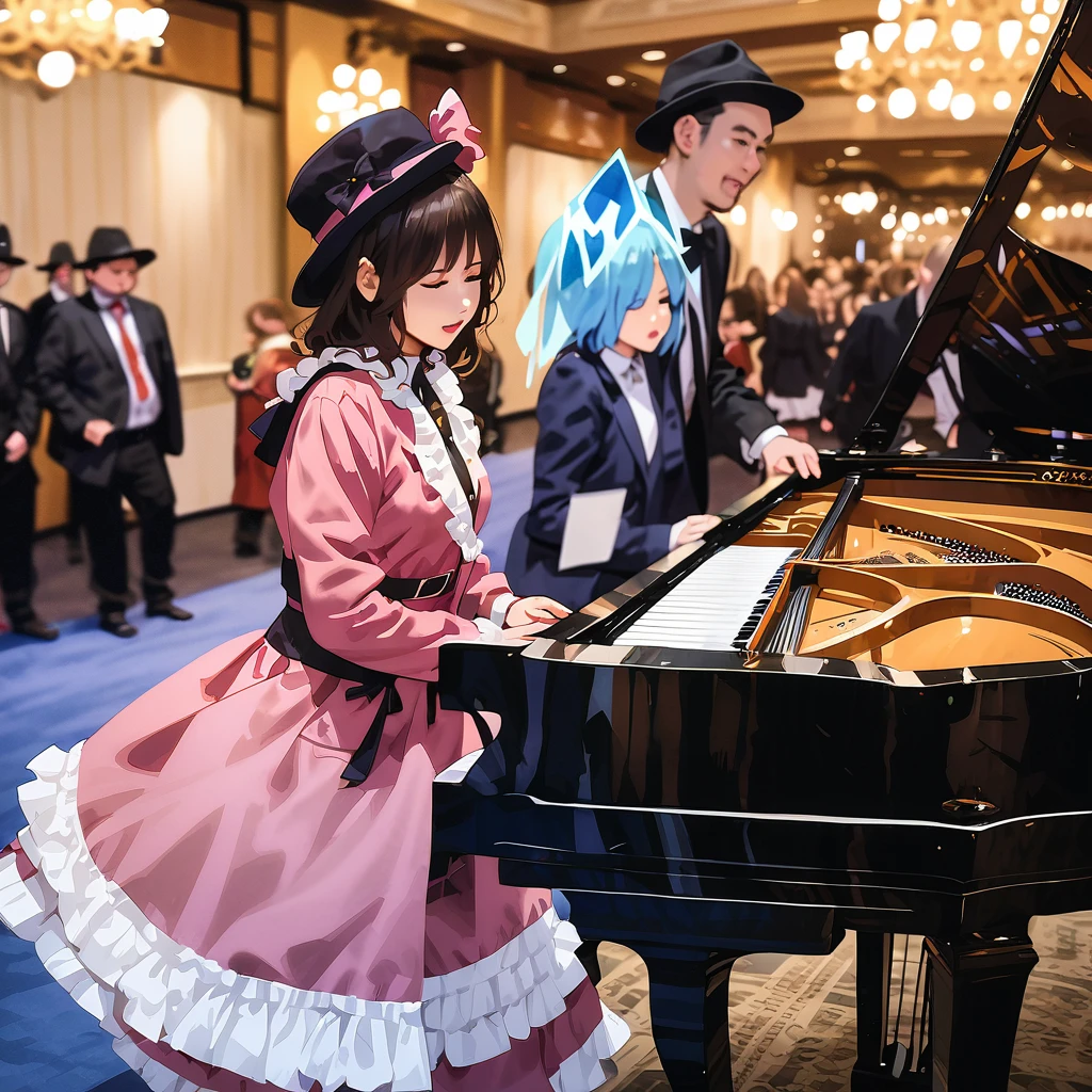 (((Real、Real:1.37)))、(((Live-action photo style:1.3)))、(((masterpiece)))、((Best Quality))、Male YouTuber、Black hat and jacket、Playing the grand piano at an event venue、A woman dressed as the Touhou character Cirno is singing passionately next to a grand piano.。、(Women&#39;s costume ice_Wings、青いribbon、ヘアribbon、Sing with a microphone、Puffy short sleeves、Open your mouth、White shirt、Blue Dress、ribbon、Collared shirt、Black footwear、Mary Janes、White socks)、A large audience watches the pair perform、A person taking a video with a smartphone、People clapping their hands、A person who cosplays as an anime character、Large event venues、A poster announcing the event is on the back wall of the venue.。 A venue like a gym