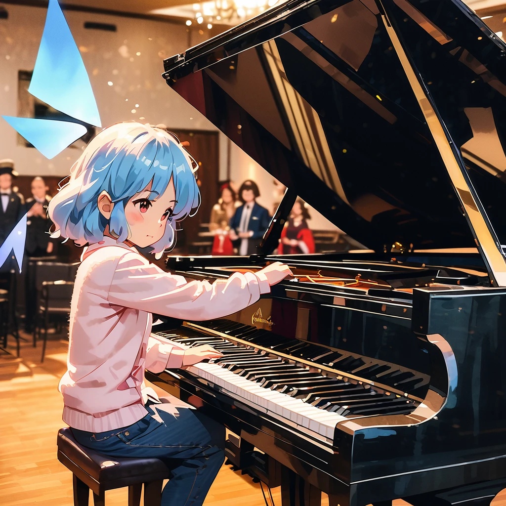 (((Real、Real:1.37)))、(((Live-action photo style:1.3)))、(((masterpiece)))、((Best Quality))、Male YouTuber、Black hat and jacket、Playing the grand piano at an event venue、A woman dressed as the Touhou character Cirno is singing passionately next to a grand piano.。、(Women&#39;s costume ice_Wings、青いribbon、ヘアribbon、Sing with a microphone、Puffy short sleeves、Open your mouth、White shirt、Blue Dress、ribbon、Collared shirt、Black footwear、Mary Janes、White socks)、A large audience watches the pair perform、A person taking a video with a smartphone、People clapping their hands、A person who cosplays as an anime character、Large event venues、A poster announcing the event is on the back wall of the venue.。 A venue like a gym