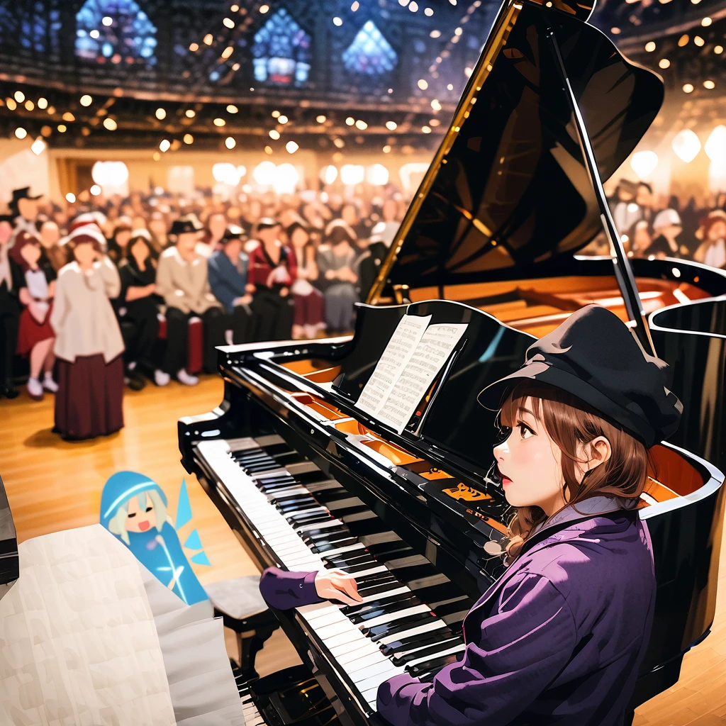 (((Real、Real:1.37)))、(((Live-action photo style:1.3)))、(((masterpiece)))、((Best Quality))、Male YouTuber、Black hat and jacket、Playing the grand piano at an event venue、A woman dressed as the Touhou character Cirno is singing passionately next to a grand piano.。、(Women&#39;s costume ice_Wings、青いribbon、ヘアribbon、Sing with a microphone、Puffy short sleeves、Open your mouth、White shirt、Blue Dress、ribbon、Collared shirt、Black footwear、Mary Janes、White socks)、A large audience watches the pair perform、A person taking a video with a smartphone、People clapping their hands、A person who cosplays as an anime character、Large event venues、A poster announcing the event is on the back wall of the venue.。 A venue like a gym