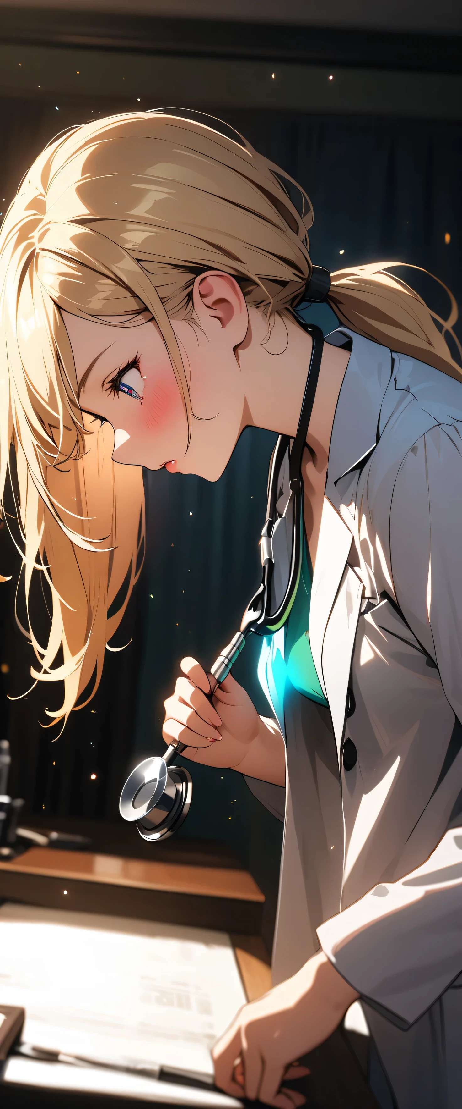 (beautiful girl: 1.3),1girl,masterpiece,Highest quality,Ultra-high resolution,rich contrast,super high quality,8k,Highly detailed CG unit wallpaper,texture,Incredibly absurd,RAW Photos,Highest quality anime,Depth of Field 1.2,Ultra-detailed eyes,Glowing Skin,Glitter effect,Beautiful glossy lips,(Blonde,Low ponytail),woman doctor,(doctor’s coat,examining room,stethoscope),Embarrassing,blush,Leaning forward,Looking up,Tilt your head,(profile:1.5)