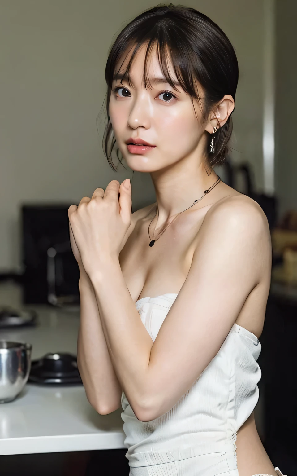 (Naughty photos, Full body photo:1.4),
(Women's soccer team uniforms, Green clothes, Chest tightness:1.6),
(The shape of the nipples is clearly visible through the clothes, Super beautiful feet:1.2),
(ah、I'm going, Hold it in your mouth with your trembling lips:1.4),
(Bright kitchen, Cute Wallpapers, Spotlight:1.2),
((2, Beautiful sister, Red cheeks, My hair is messy, Body facing forward:1.4)),
((Small breasts, Flat Chest, My breasts are a little saggy:1.2)),
Eye focus, Bloodshot eyes, Narrow shoulders, Beautiful clavicle, Thin arms, Thin legs,
Slim figure, Soft belly, Narrow waist, extremely detailed face, Ultra detailed breasts, Ultra-detailed skin,
Ultra detailed lips, Fuller lips, Thick and soft lips, Glossy lips, White teeth,
Beautiful actress makeup, compensate, Dark lipstick, Dark Brown Hair, Delicate and soft hair,
Let your hair down, Short Bob, Sweep your bangs to the side,
Stylish earrings,necklace,