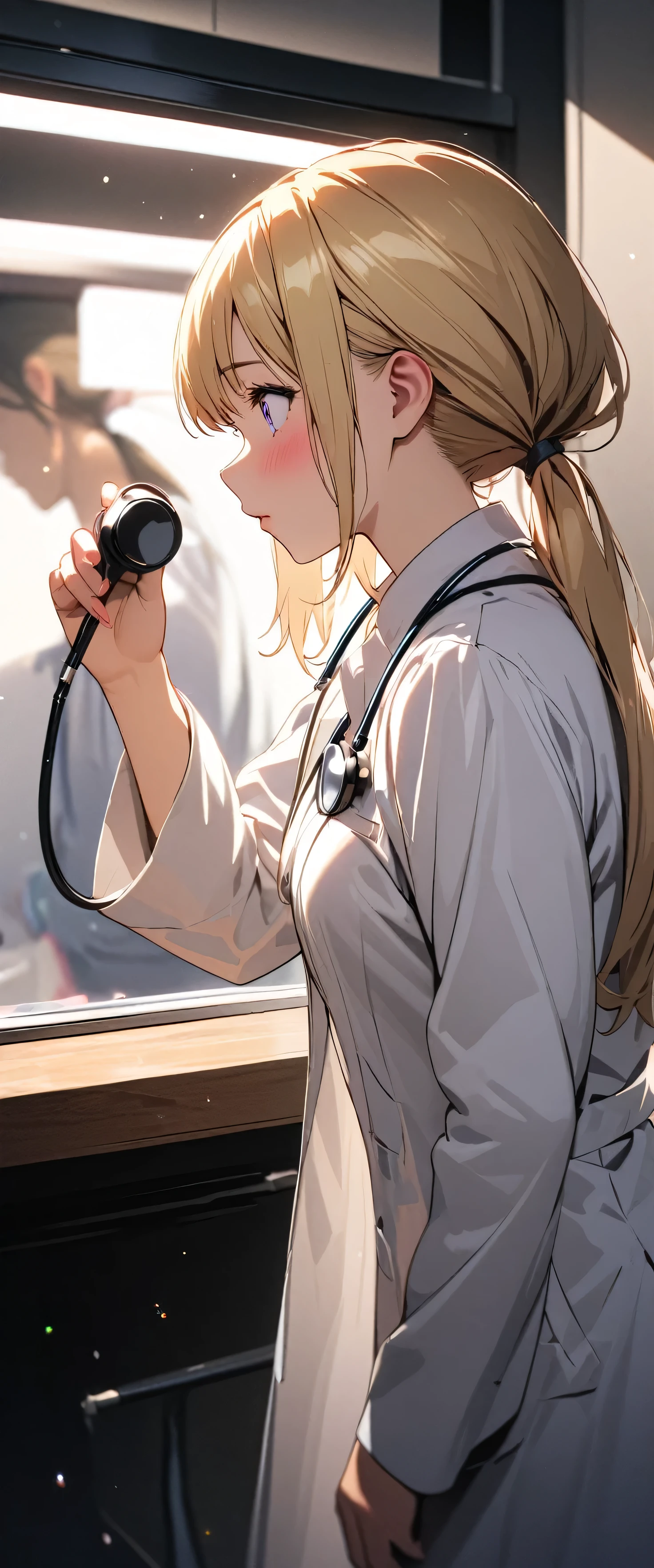 (beautiful girl: 1.3),1girl,masterpiece,Highest quality,Ultra-high resolution,rich contrast,super high quality,8k,Highly detailed CG unit wallpaper,texture,Incredibly absurd,RAW Photos,Highest quality anime,Depth of Field 1.2,Ultra-detailed eyes,Glowing Skin,Glitter effect,Beautiful glossy lips,(Blonde,Low ponytail),woman doctor,(doctor’s coat,examining room,stethoscope),Embarrassing,blush,Leaning forward,Looking up,Tilt your head,(profile:1.5)