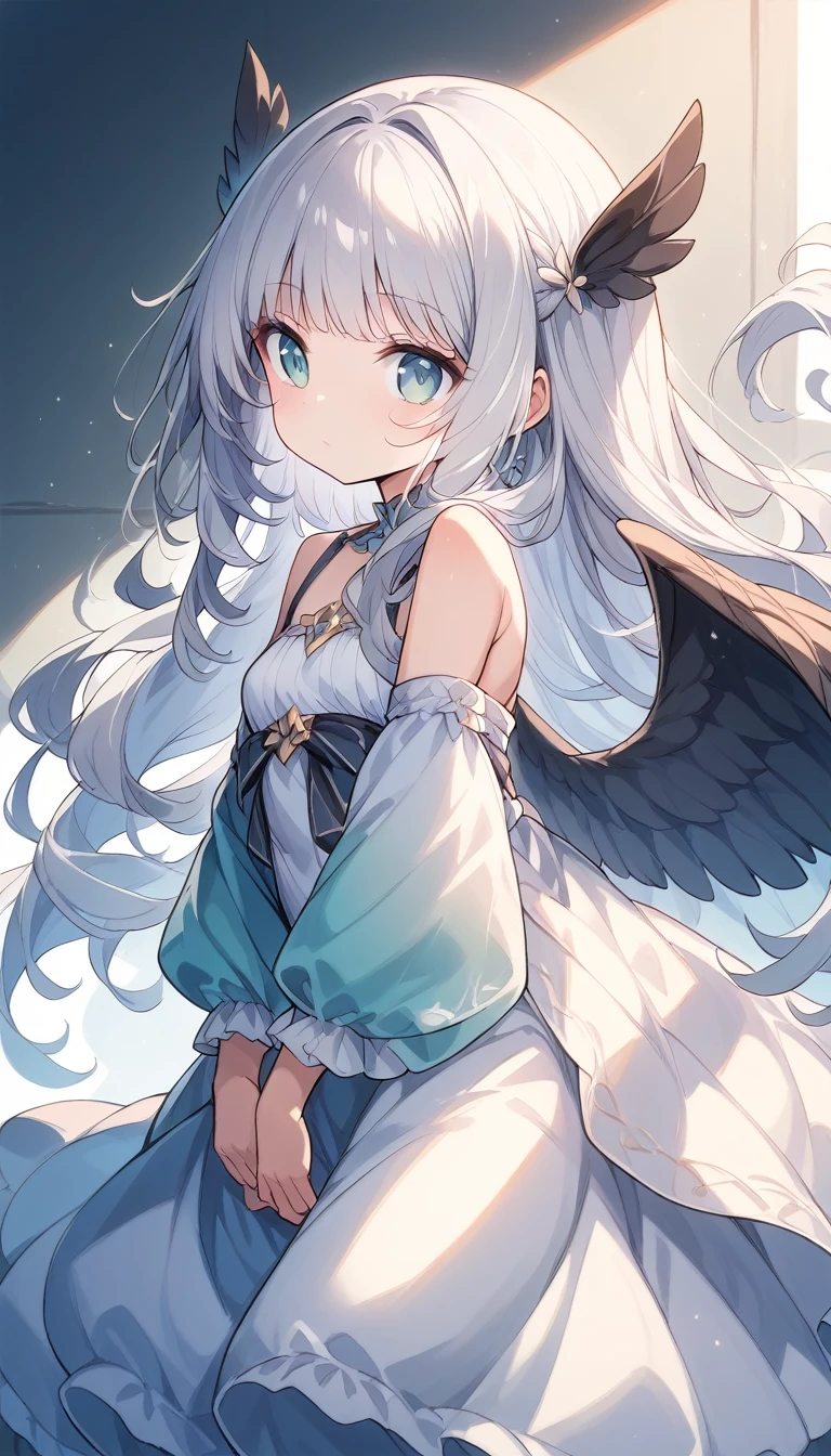 Beautiful archangel girl、(((Ultra-high resolution、Ultra high definition、Highest Settings、８k、)))、Small breasts、Flying in the sky、whole body、Big Wings、Long Hair、Silver Hair、Gabriel、Moe、