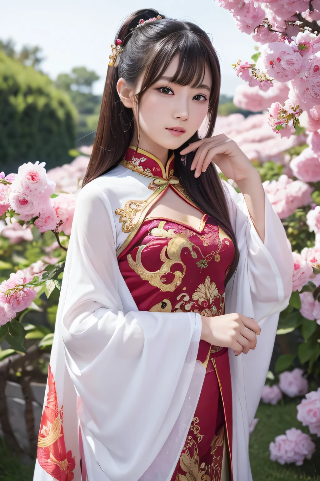 (realistic:1.3), finely detailed, quality, rembrandt lighting, (masterpiece:1.2), (photorealistic:1.2), (best quality), (detailed skin:1.3), (intricate details), dramatic, ray tracing, 1girl, chinese girl, 21 years old, detailed skin texture, (blush:0.5), (goosebumps:0.5), subsurface scattering, smiling, medium breasts, long hair curls, bangs, hair between eyes, hanfu, wrenchmandarincharm, cowboy shot, (bright sunny day, indoors, classical chinese architecture, window, lake, plum blossom trees), <lora:wrenchmandarincharm:0.8>
