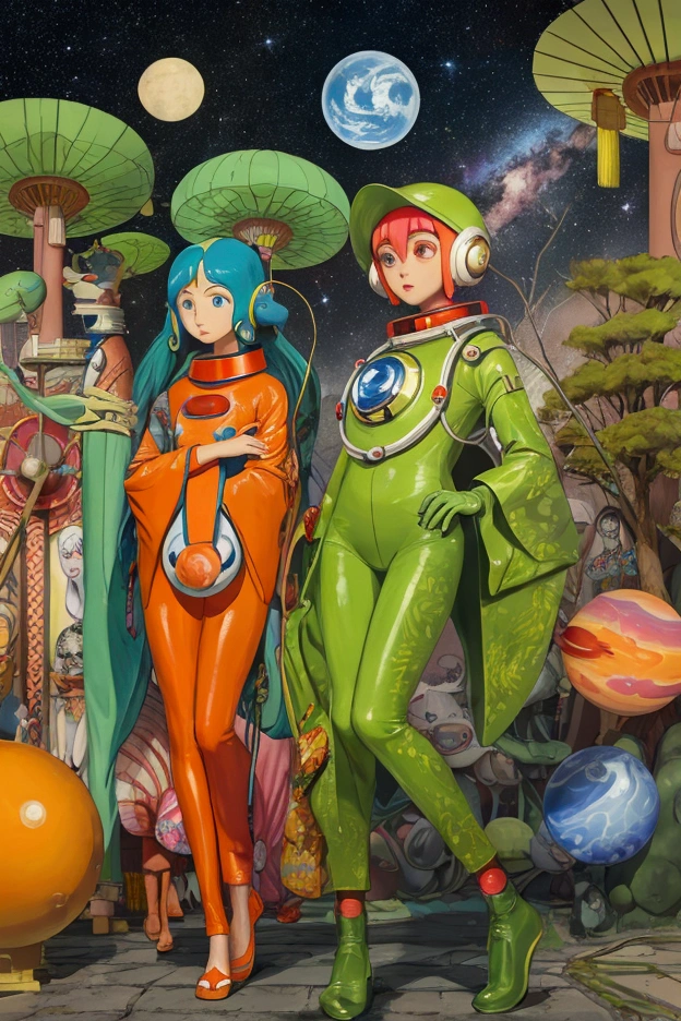 Francesco Clemente, Yuu Watase, Dave Gibbons, Laura Zuccheri, Edward Wadsworth, Surrealism, mysterious, bizarre, fantastical, fantasy, Sci-fi, Japanese anime, music notation, road traffic, textiles, tree diagrams, hot springs and spaceships, beautiful girls in space suits, perfect voluminous body, detailed masterpiece 