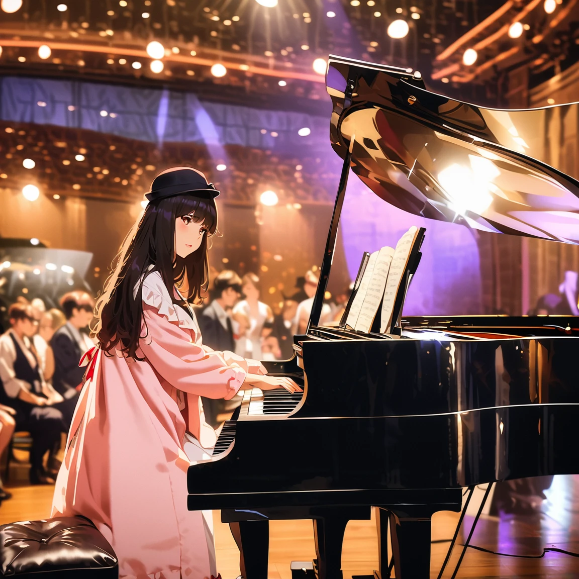 (((Real、Real:1.37)))、(((Live-action photo style:1.3)))、(((masterpiece)))、((Best Quality))、Male YouTuber、Black hat and jacket、Playing the grand piano at an event venue、A woman dressed as the Touhou character Cirno is singing passionately next to a grand piano.。、(Women&#39;s costume ice_Wings、青いribbon、ヘアribbon、Sing with a microphone、Puffy short sleeves、Open your mouth、White shirt、Blue Dress、ribbon、Collared shirt、Black footwear、Mary Janes、White socks)、A large audience watches the pair perform、A person taking a video with a smartphone、People clapping their hands、A person who cosplays as an anime character、Large event venues、A poster announcing the event is on the back wall of the venue.。 A venue like a gym