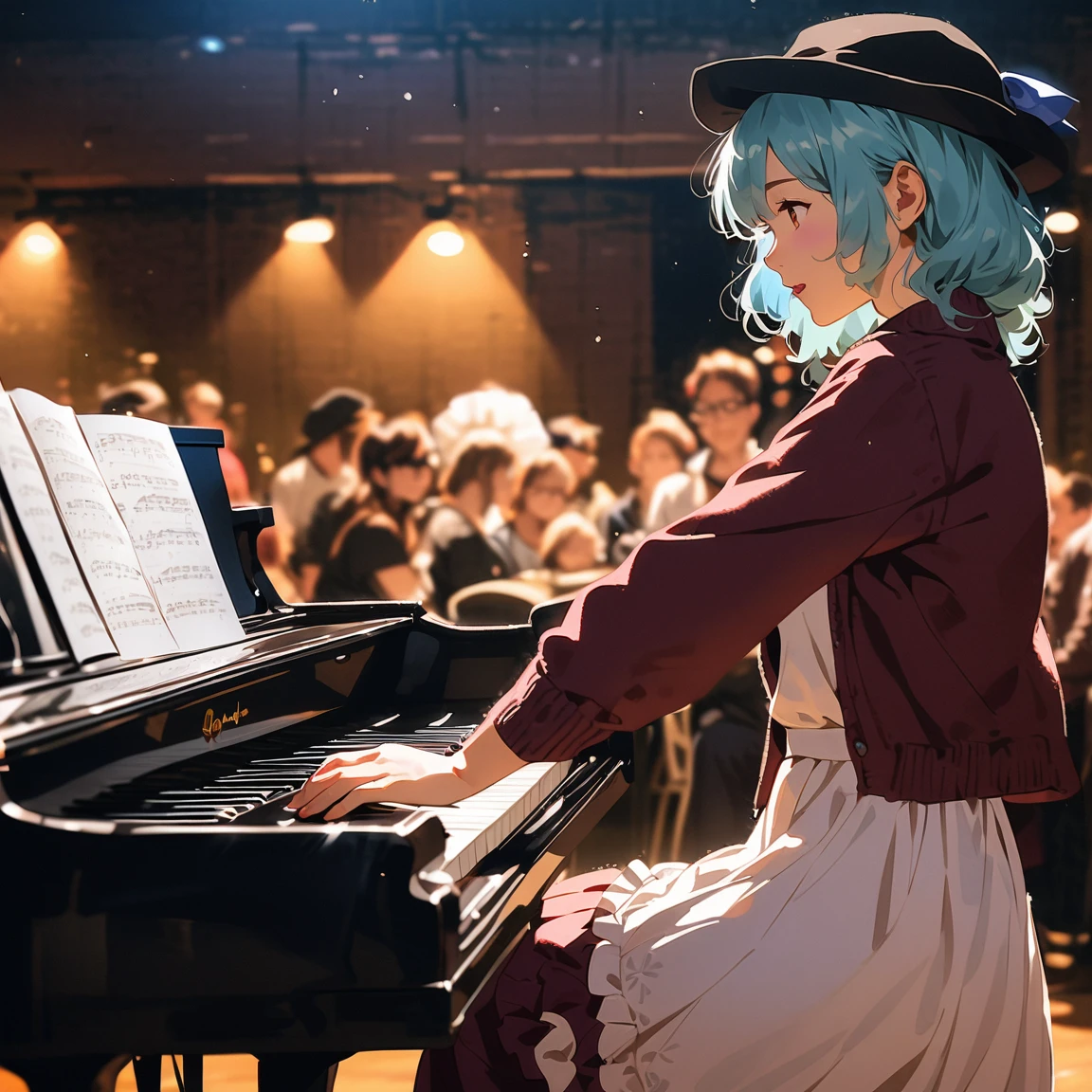 (((Real、Real:1.37)))、(((Live-action photo style:1.3)))、(((masterpiece)))、((Best Quality))、Male YouTuber、Black hat and jacket、Playing the grand piano at an event venue、A woman dressed as the Touhou character Cirno is singing passionately next to a grand piano.。、(Women&#39;s costume ice_Wings、青いribbon、ヘアribbon、Sing with a microphone、Puffy short sleeves、Open your mouth、White shirt、Blue Dress、ribbon、Collared shirt、Black footwear、Mary Janes、White socks)、A large audience watches the pair perform、A person taking a video with a smartphone、People clapping their hands、A person who cosplays as an anime character、Large event venues、A poster announcing the event is on the back wall of the venue.。 A venue like a gym