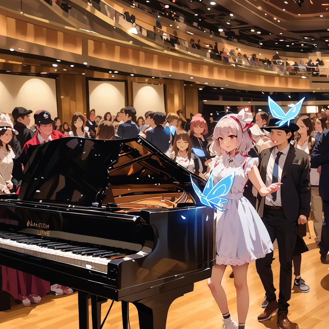 (((Real、Real:1.37)))、(((Live-action photo style:1.3)))、(((masterpiece)))、((Best Quality))、Male YouTuber、Black hat and jacket、Playing the grand piano at an event venue、A woman dressed as the Touhou character Cirno is singing passionately next to a grand piano.。、(Women&#39;s costume ice_Wings、青いribbon、ヘアribbon、Sing with a microphone、Puffy short sleeves、Open your mouth、White shirt、Blue Dress、ribbon、Collared shirt、Black footwear、Mary Janes、White socks)、A large audience watches the pair perform、A person taking a video with a smartphone、People clapping their hands、A person who cosplays as an anime character、Large event venues、A poster announcing the event is on the back wall of the venue.。 A venue like a gym