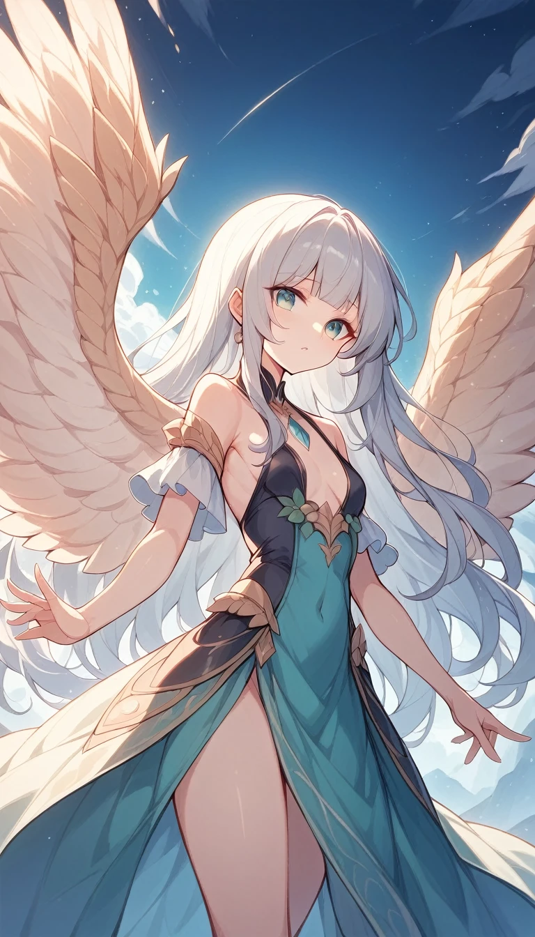 Beautiful archangel girl、(((Ultra-high resolution、Ultra high definition、Highest Settings、８k、)))、Small breasts、Flying in the sky、whole body、Big Wings、Long Hair、Silver Hair、Gabriel、Moe、